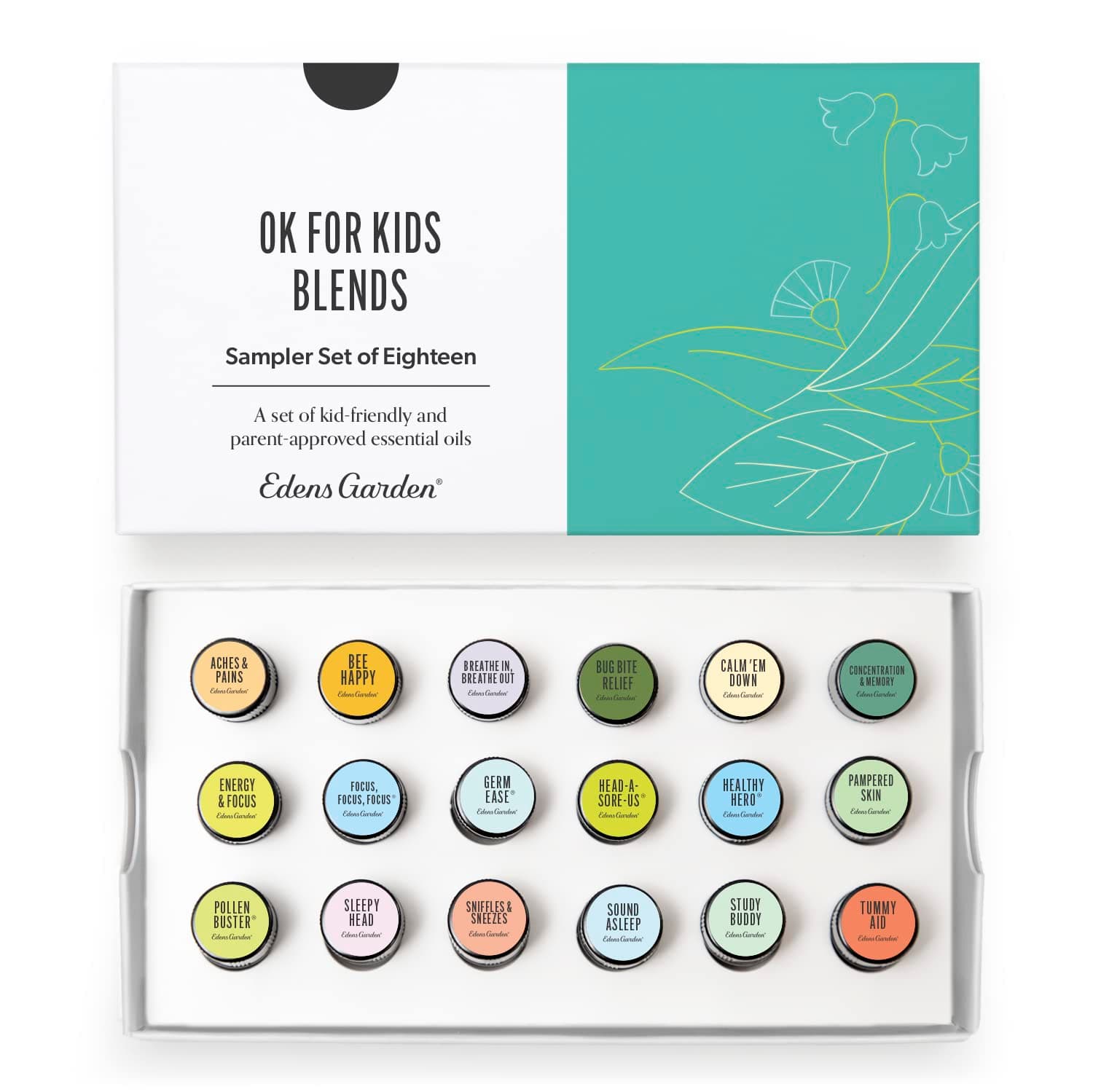 Edens Garden OK for Kids Blends Essential Oil 18 Set, Pure Aromatherapy Sampler Pack (for Diffuser) - Set of 18 | Aromatherapy Scents for Gentle Skin Care, Diffusers & Home – Natural, Undiluted & Family Friendly, .92 ml/ 18 Pack
