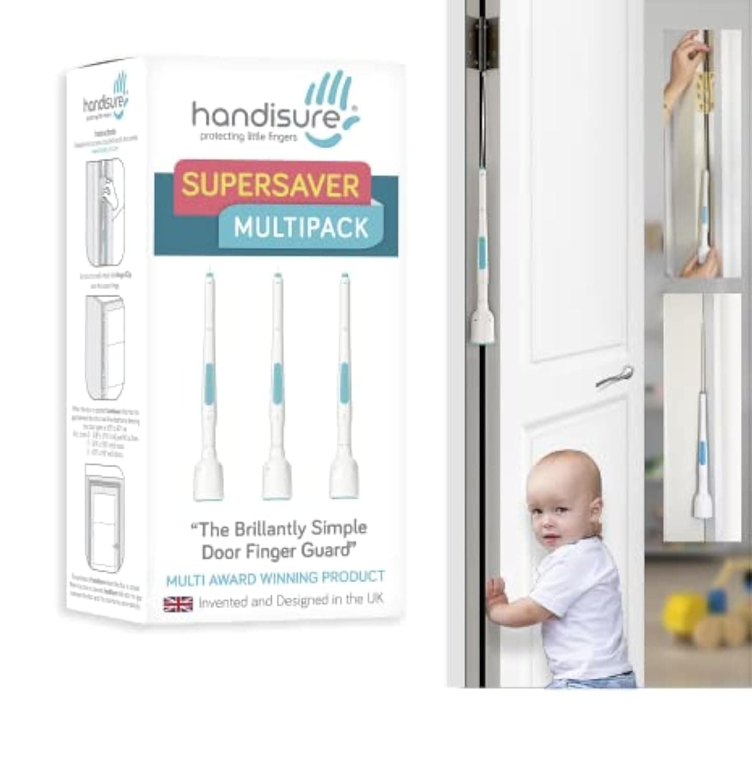 Award Winning 3 Automatic Child Door Finger Guards, Door Locks & Window Guards, Door Hinge Guard & Lock Side Safety, Baby Door Stopper, Easy to Install (White-Teal, 3 Count (Pack of 3))