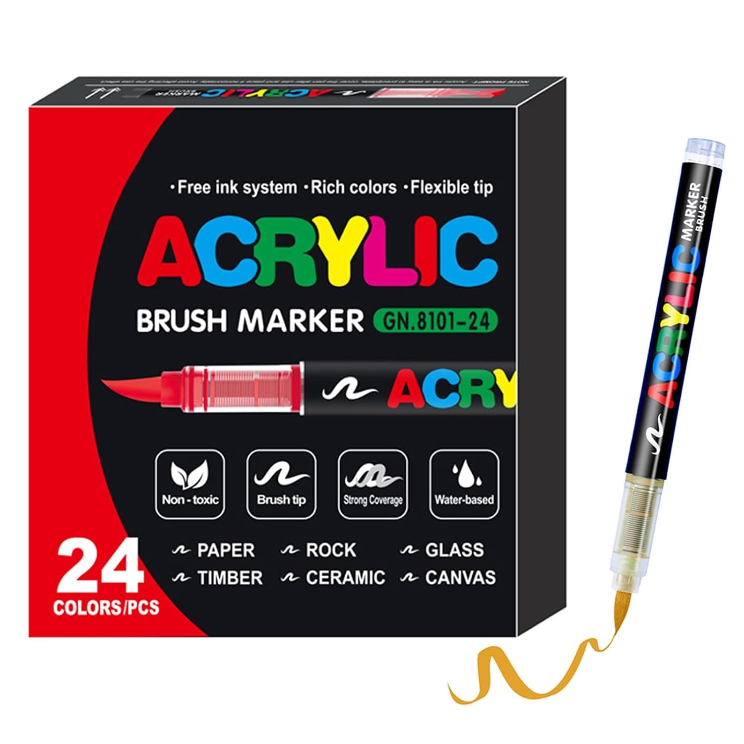 KsopiaVobs 24 Color Acrylic Paint Pens, Soft Brush Tip Markers, Quick-Drying Waterproof for Canvas, Rock Painting, Wood, Stone, Glass, Ceramic, Fabric Painting, DIY Crafts