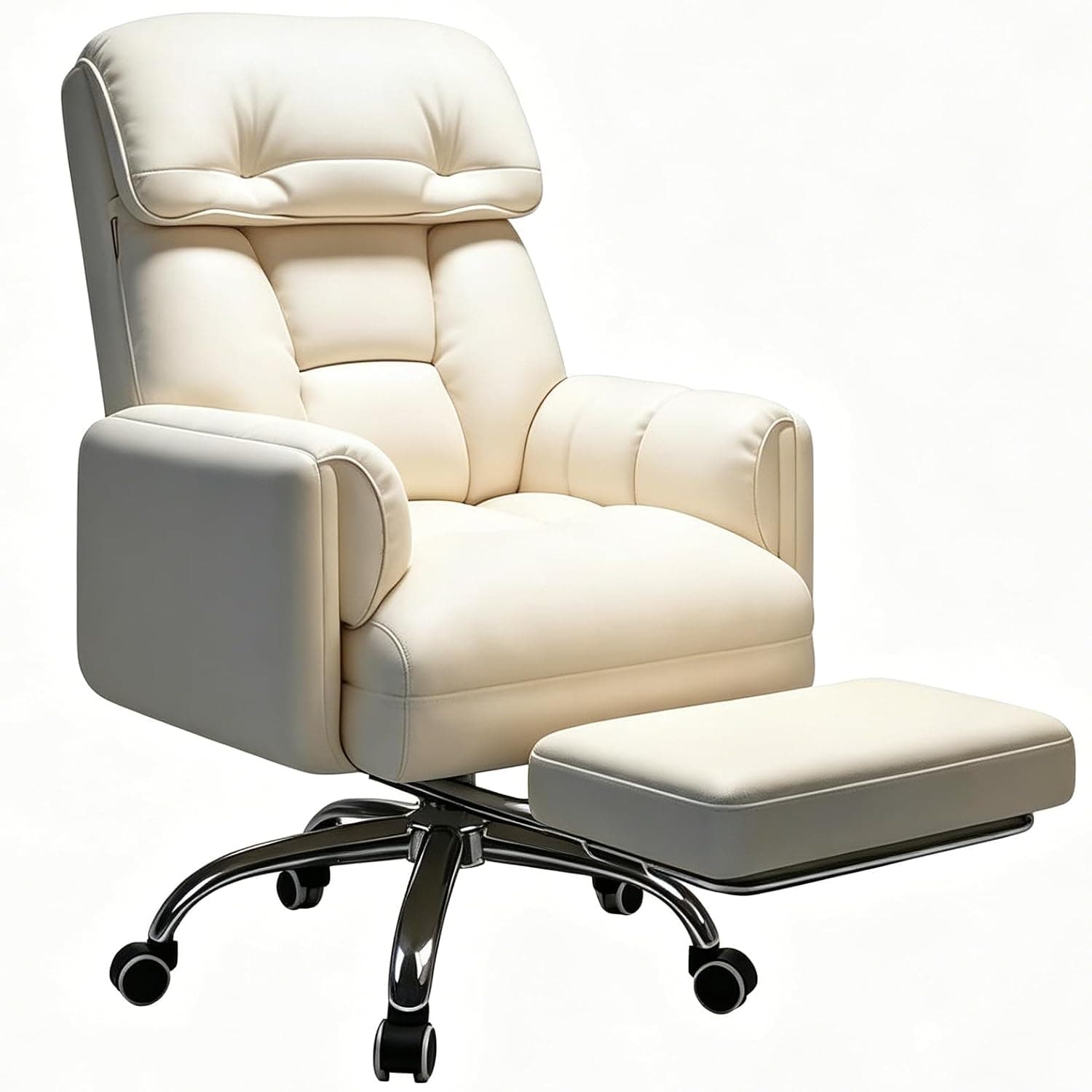 Executive Home Office Desk Chair - Ergonomic Big Tall High Back, with Lumbar Support& Leg Rest, Reclining Height Adjustable, Comfy PU Leather, White