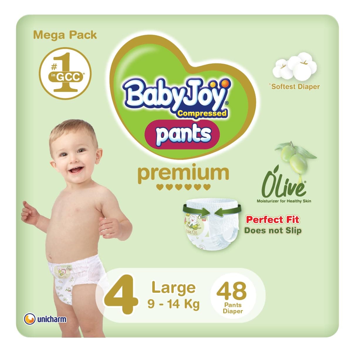 Babyjoy Olive Pants, Size 4 Large, Mega Pack, 9-14 Kg, 48 Count