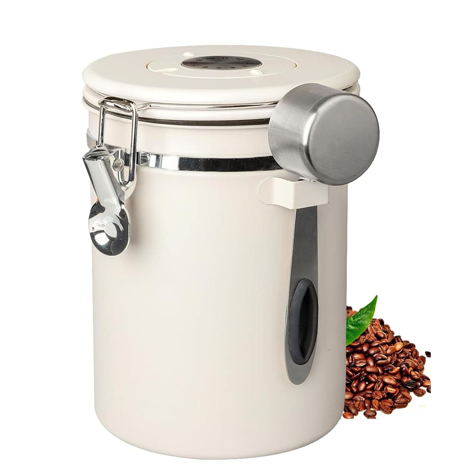Coffee Canister Storage Container-60OZ Stainless Steel Airtight Coffee Bean Storage Grounds Container with Date Tracker & Measuring Scoop, Kitchen Food Canister Jar for Cereal, Sugar (Beige)