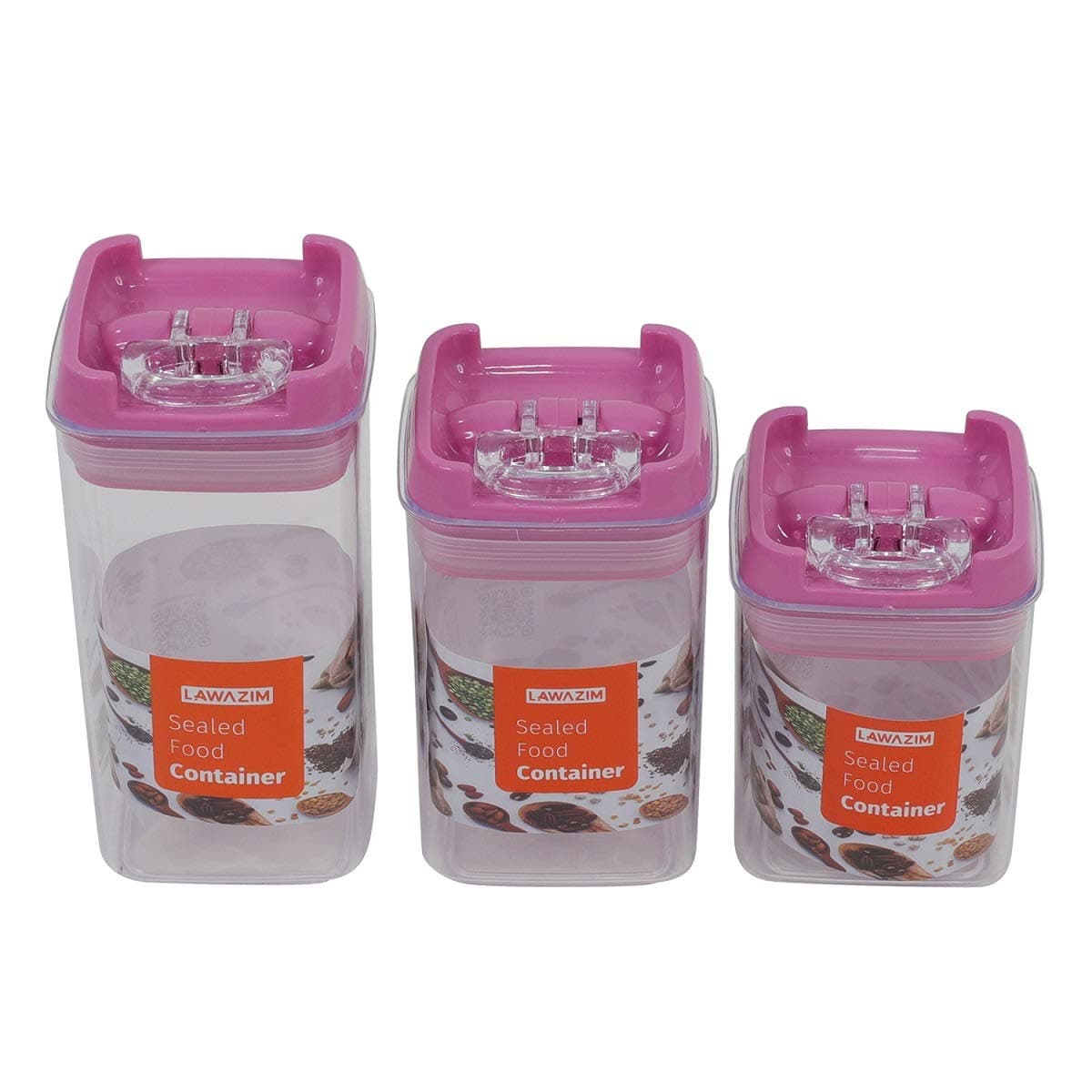 Lawazim Food Container Set - 3 Piece S-M-L Clear/Pink - Transparent BPA-Free Plastic Jars with Lids for Dry Food Storage – Ideal for Coffee Spices Herbs Nuts Grains and Pantry Organization