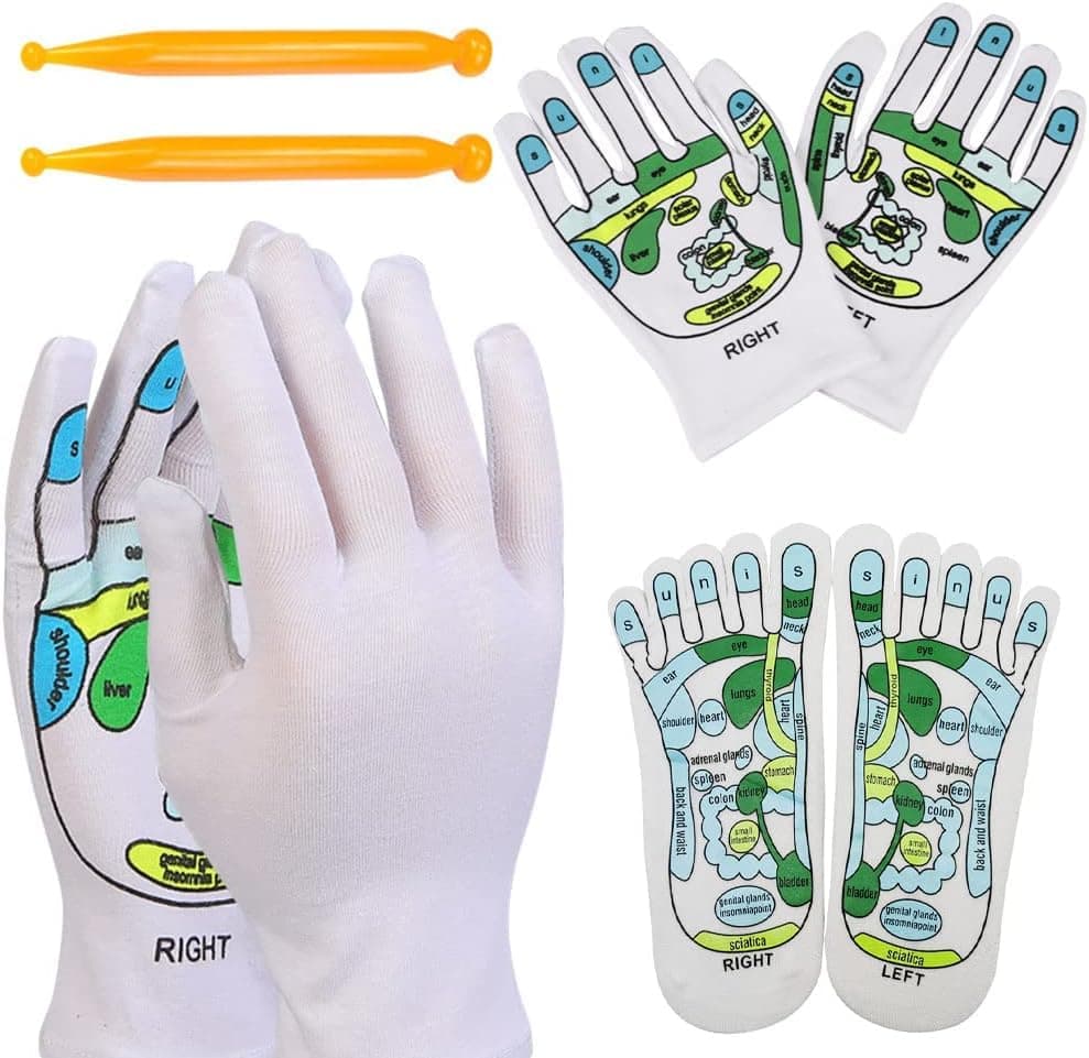 X spring Acupressure Tool, 4 PCS Reflexology Socks and Gloves Set with Massage Rod, Foot Hand Acupoint Stimulation, Muscle Tension Relief for Men and Women, Stress Relief, Tired Body Relaxation