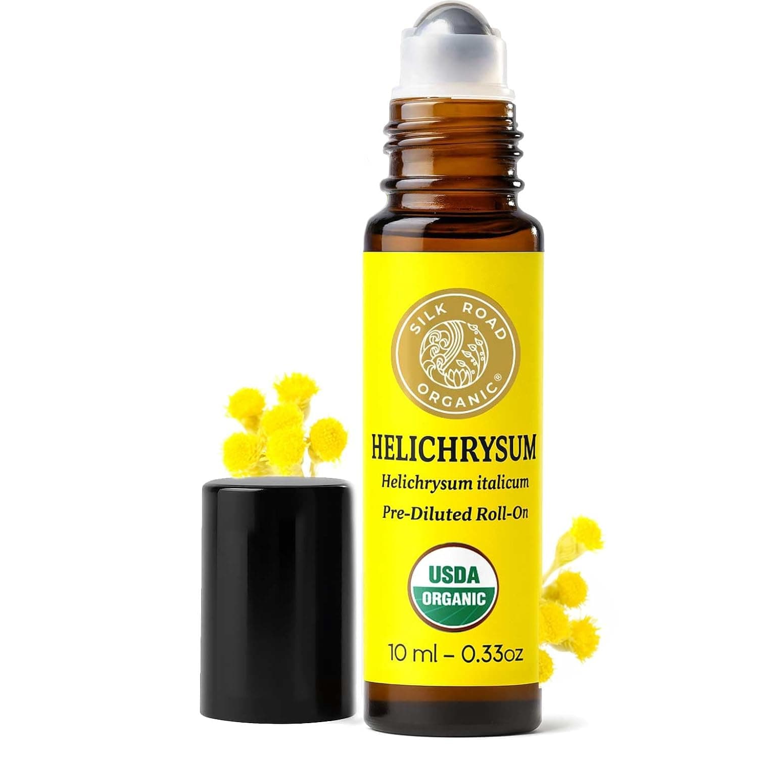 Silk Road Organic Helichrysum Italicum Essential Oil Roll On, 100% Pure USDA Certified Aromatherapy for Skin Vitality & Anti-Aging - 10 ml Roller - Always Pure, Always Organic