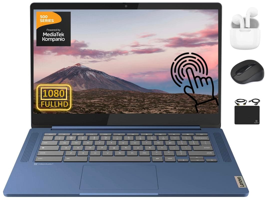 Lenovo Chromebook Slim Thin Light Laptop Student Business 2024, 14" FHD Touchscreen, 8-Core MediaTek Kompanio 520, 4GB RAM, 128GB (64GB eMMC+64GB Card), WiFi 6, Long Hours, Chrome OS+HubxcelAccesory