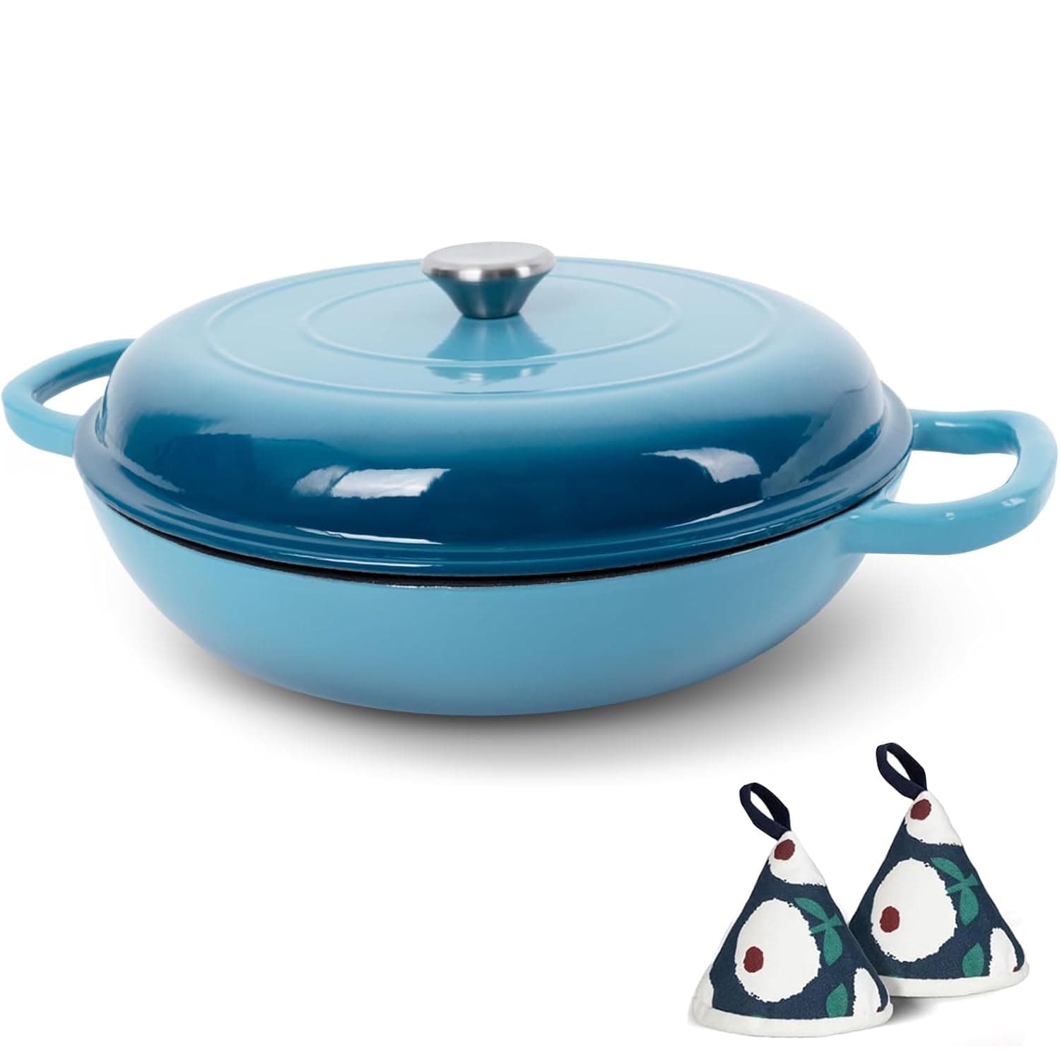 Enameled Cast Iron Dutch Oven - 3.8 Quart Dutch Oven Pot with Lid - Shallow Cookware Braising Pan - Cast iron Casserole with Cookbook & Heat-resistant Caps - Oven Safe up to 500° F (blue)
