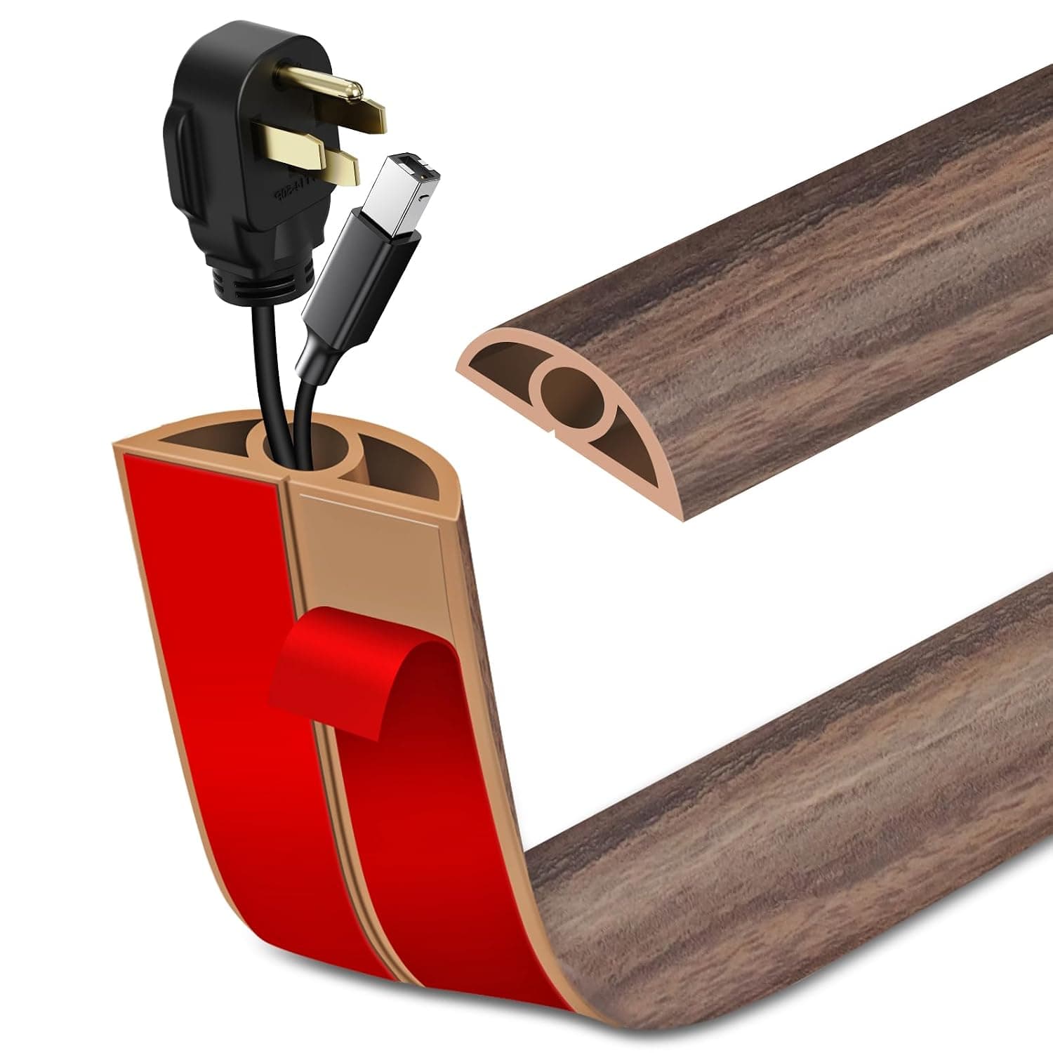 LSGCQ Floor Cord Cover Self Adhesive Cord Hider Floor Cable Management | Cord Covers for Wires on Floor Cable Cover, Prevent Cable Trips, Cable Cavity 0.32" W x 0.32" H, 10Ft, Smoked Brown Wood