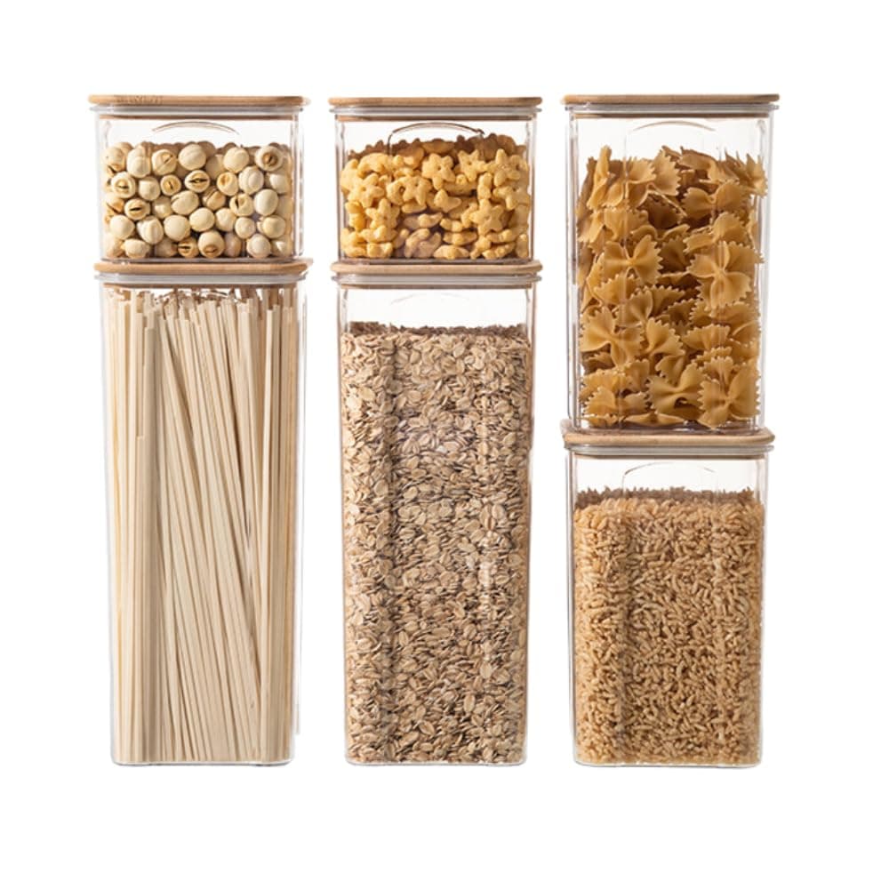 Food Storage Containers with Airtight Lids Set of 6, Clear PET Canister Food Jar with Sealing Lid Kitchen Pantry Storage Container for Spaghetti Pasta Sugar Flour Oat Cereal Beans (6pcs set A)