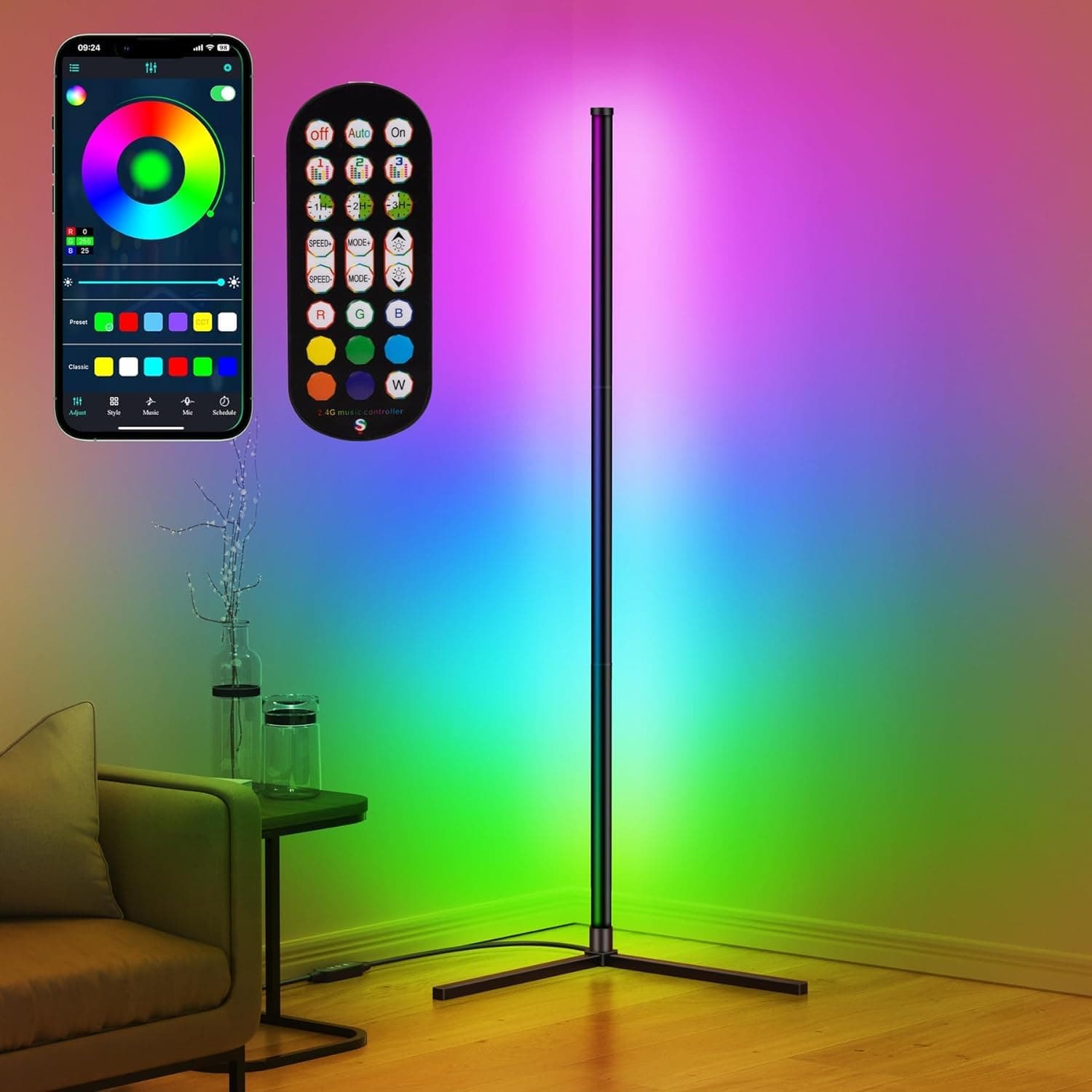 LED Corner Lamp, RGB Corner Floor Lamp with APP and Remote Control, 16 Million Colors & 68+ Scene Color Changing Ambience Light with Music Sync for Living Room, Bedroom, Gaming Room