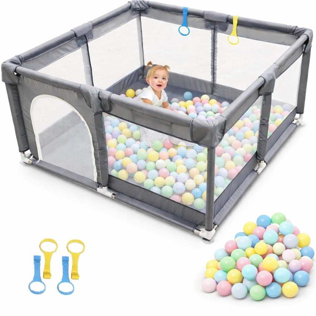 SKY-TOUCH Baby Playpen, 200x200cm Extra Large Playard for Babies and Toddlers, Baby Safe Activity Center with Breathable Mesh and Zipper Door, Anti-Slip Suction Cup Base - with 100pcs Ocean Balls