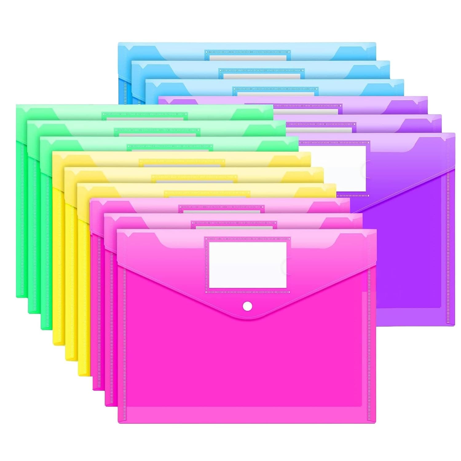 File Folders, Clear Document Folders US Letter A4 Size File Envelopes with Label Pocket & Paste Button for School Homework Office Organization, 5 Assorted Color, 15 Pcs Plastic Envelopes