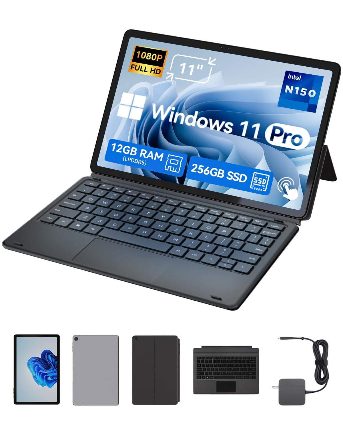 BNCF 11 Inch 2-in-1 Laptops, Windows 11 Touchscreen PC Compatible with Intel N150, 12GB RAM 256GB SSD, 1920x1200 IPS FHD Tablet USB-C/HDMI WiFi 6 with Magnetic Keyboard and Kickstand