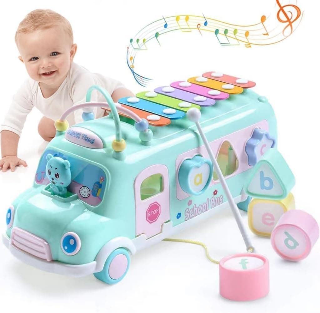 Intellectual School Bus Baby Toy, Piano Music Bus Toys Toddler For 1 3 Years,Shape Puzzles Knocking Piano Educational Musical Toys Gifts For 1 Year, Green, School Bus Toy