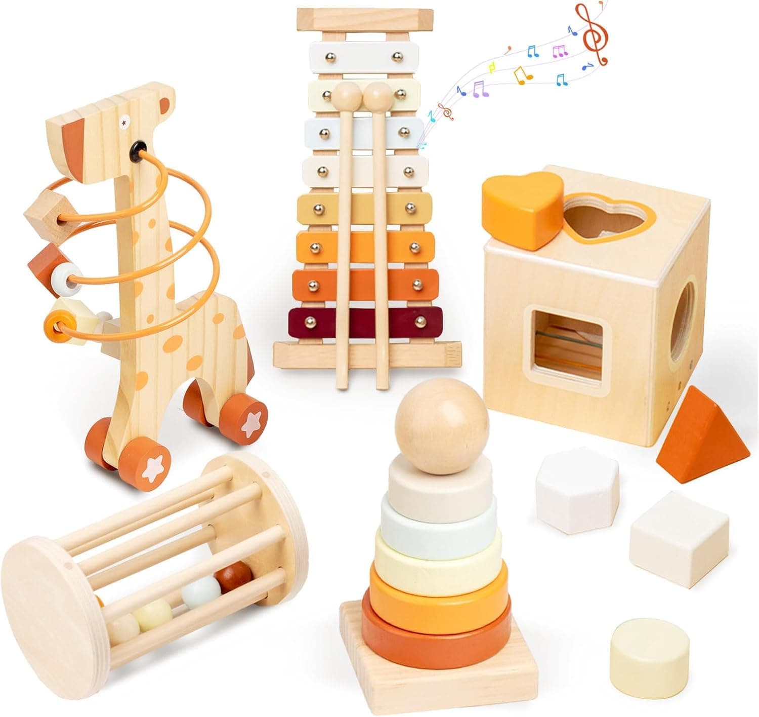 Soofam Wooden Montessori Toys for Toddlers 1-3,Baby 12-18 Months Educational Object Permanence Box for Xylophone,Shape Sorting Cube,Stacker Ring,Rattle,Boy Girl Preschool Sensory Developmental Gift
