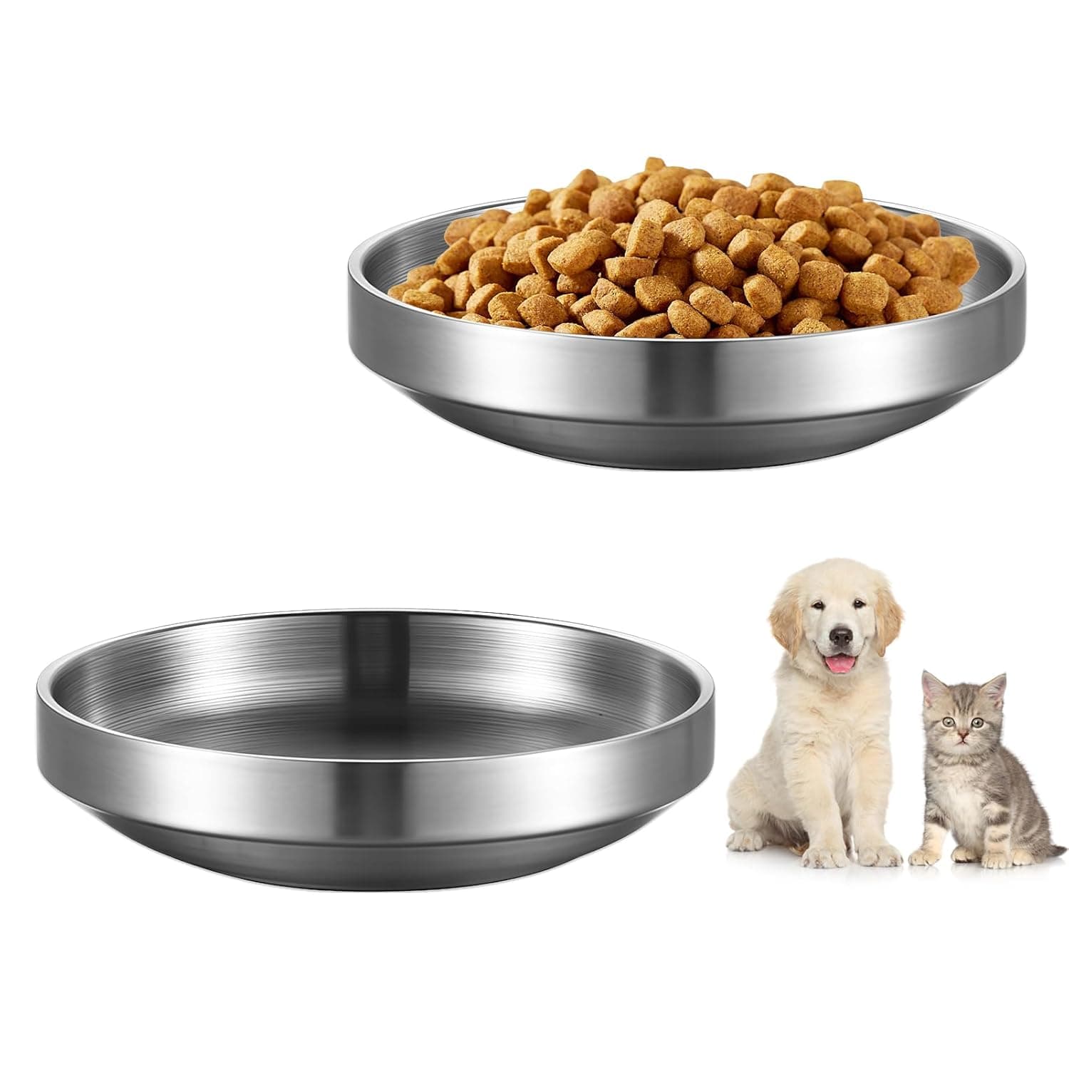 Pack of 2 Double Layer Cat Bowls Made of Stainless Steel, Cat Bowls, Metal 304, Stainless Steel Cats Bowl, Shallow Wide Flat Pets Food Bowls, Stainless Steel Cat Bowls, Flat Cat Bowls, 14 cm Round