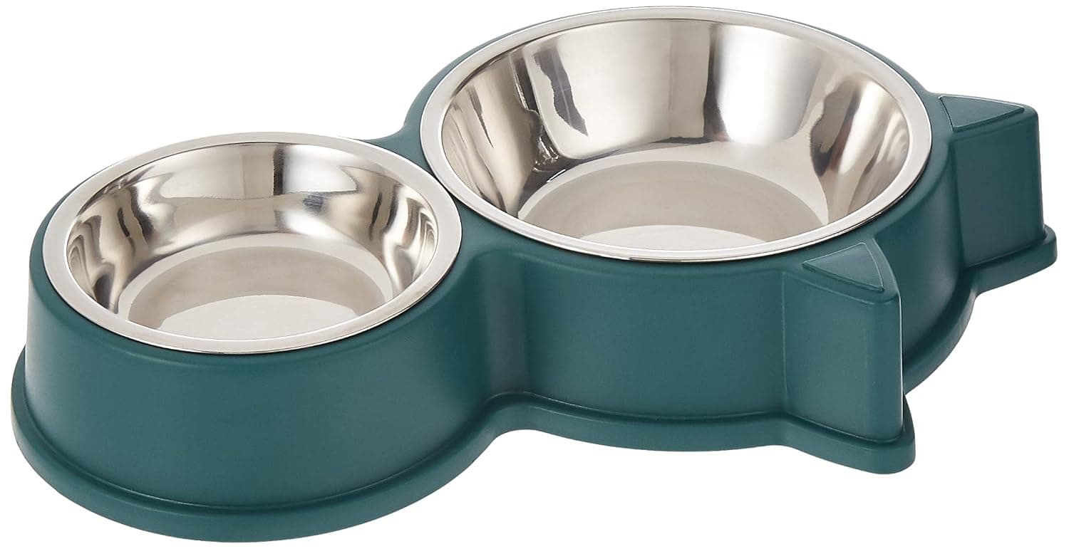 Double Dog Cat Bowls Durable Stainless Steel Pet Bowl With No-Slip Cute Modeling Food Water Feeder For Puppy Medium Pets Dogs Cats Green , petbowl01-GN