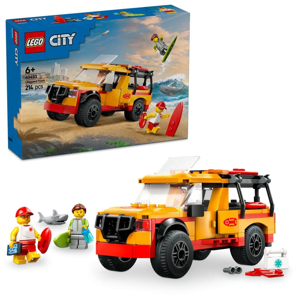 LEGO City Lifeguard Beach Rescue Truck Toy with 2 Minifigures and a Shark Figure - Building Set for 6+ Year Old Boys & Girls - Gifts for Beach-Loving Kids - 60453