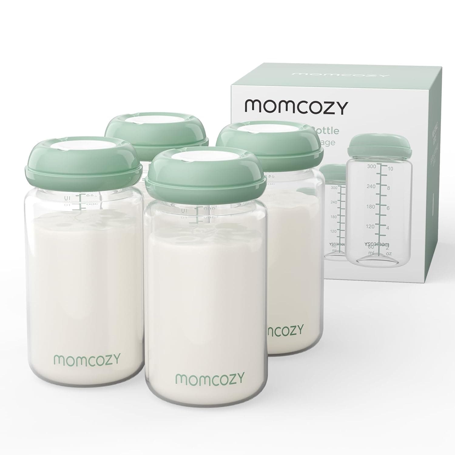 Momcozy Natural Baby Bottles, Wide-Neck, BPA Free Breast Milk Container | 11oz Extra-Large Capacity, 4pcs Storage Collection Bottles for Fridge & Milk Cooler, Breastfeeding Essential for Mom