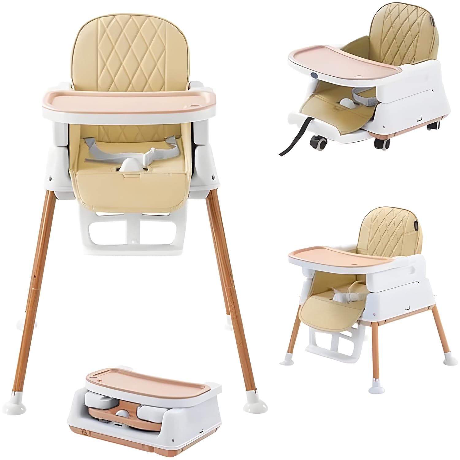7 in 1 Baby and Infant Dining Chair, Baby High Chair, Foldable Dining Chair, Easy Clean Removable Cushion with Adjustable and Foldable Feet, 5-Point Safety Belt (Beige)