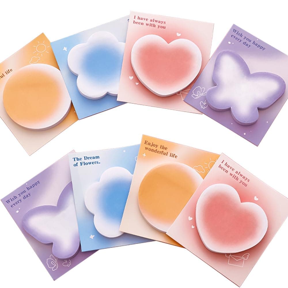 Gradient Color Sticky Notes Set – 8 Pads, Cute Heart, Flower, Butterfly & Round Shapes, 240 Sheets, Self-Adhesive, Removable, Fun Office & School Memo Pads