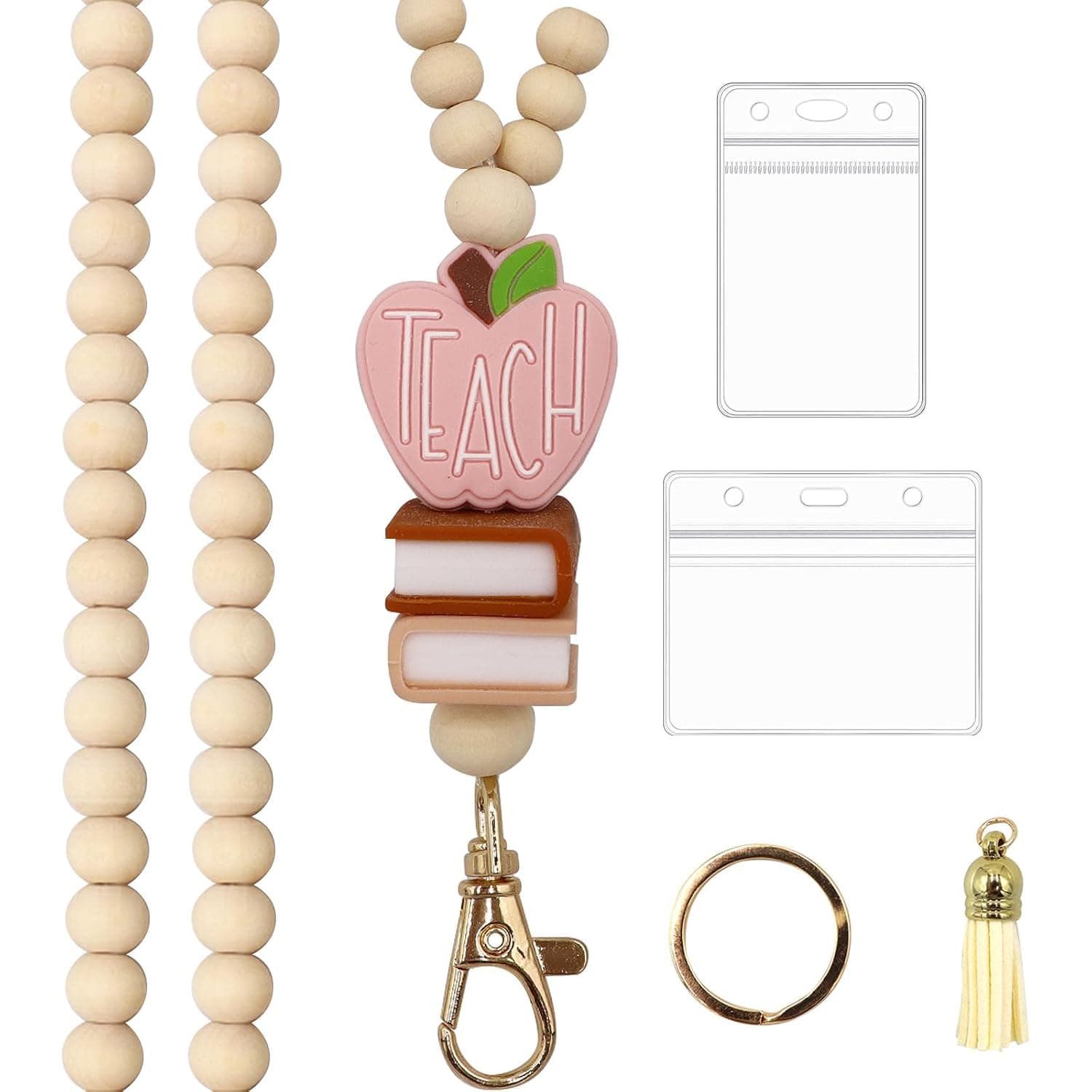 Pink Heart Wooden Beaded Lanyard for Women, Stylish Teacher ID Badge Holder and Keychain, Durable Fashion Work Lanyards for Office, School, and Everyday Use