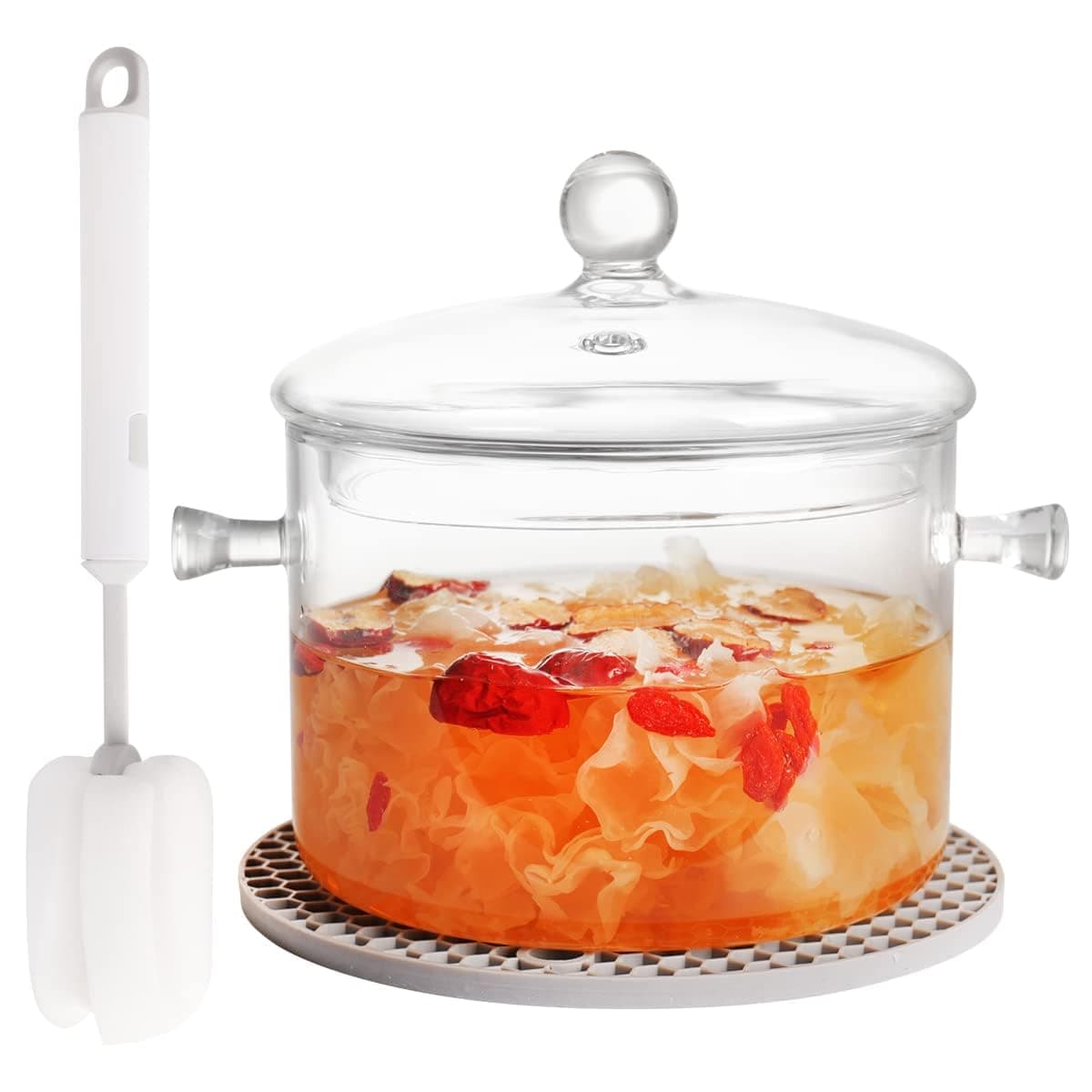 Mylindde Clear Glass Pot Set for Cooking On Stove, Glass Cookware Simmer Pot for Safe for Pasta Noodle, Soup, Milk (1.5L, with Brush)