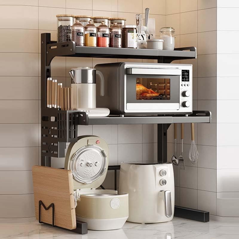 Jorunb Adjustable Microwave Oven Rack Expandable Kitchen Shelf Stand Metal Kitchen Countertop Organizer Shelf Bakers Rack Shelf Kitchen Duty Stand Chopping Board Knife Rack Cutlery Cage (3 Tier Black)