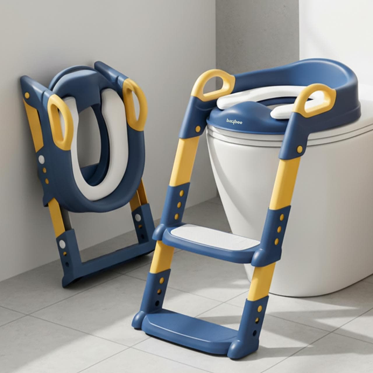 Baybee Aura Western Toilet Potty Seat for Kids, Baby Potty Training Seat Chair with Ladder, Adjustable Step Height, Cushion Seat | Kids Toilet Seat | Potty Seat for 1-8 Years Child Boy Girl (Navy)