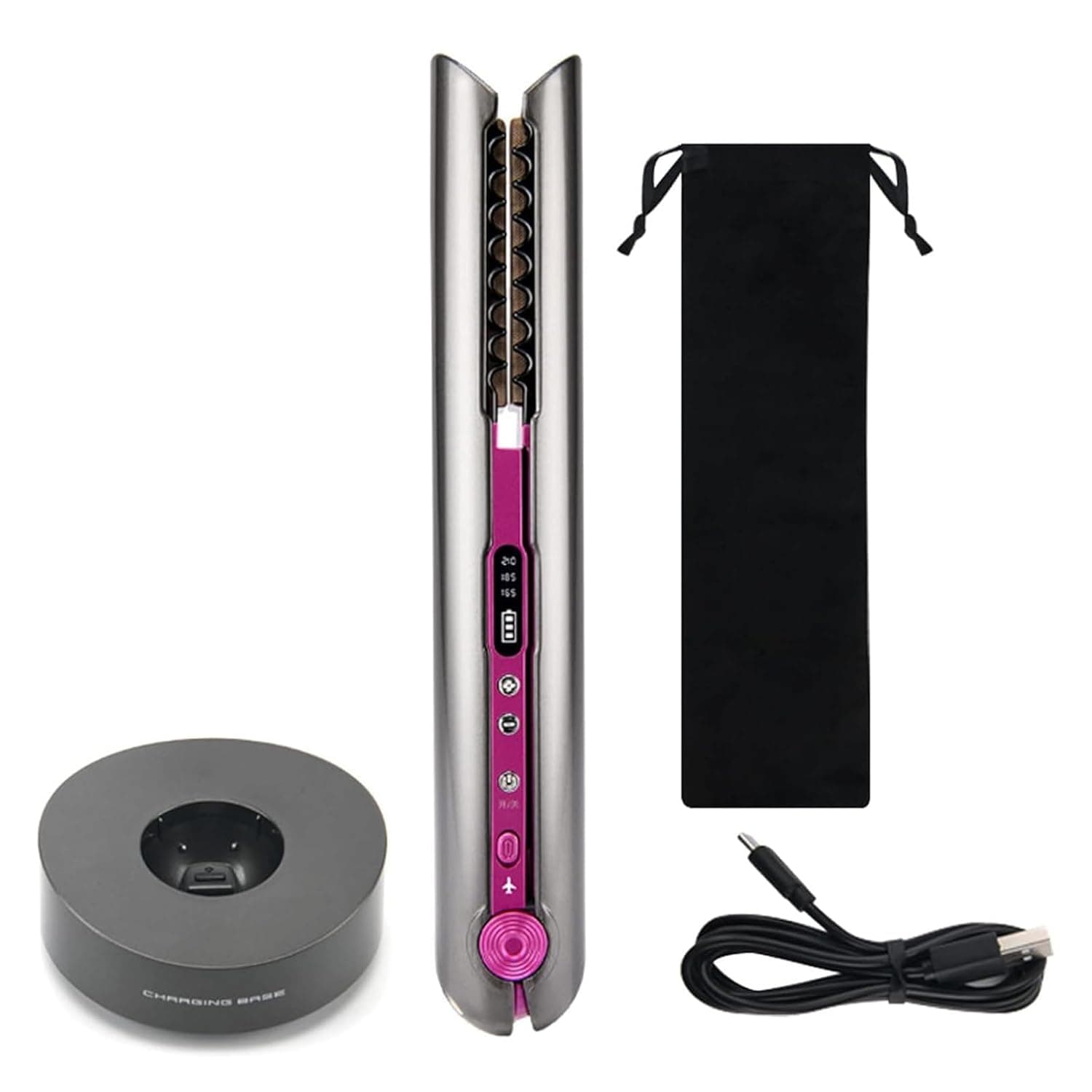 Cordless 2-in-1 Hair Straightener and Curler, USB Rechargeable Portable Wireless Ceramic Styler, Fast Heat Up, 3 Adjustable Temperatures, Travel-Friendly with Holder