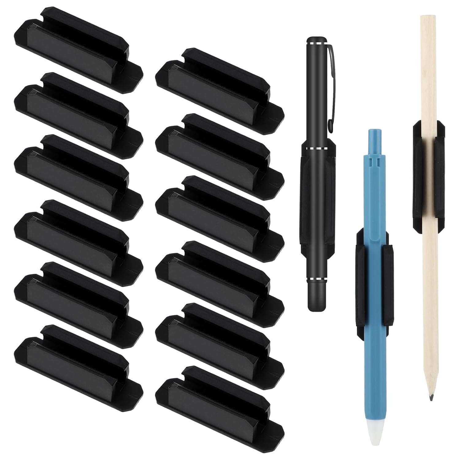 12 Pcs Adhesive Pen Holders, Silicone Desk & Wall Pencil Organizer with Stickers, Marker Clip Holder for School, Office, Classroom, Clipboard Accessories, Convenient Storage Solution (Black)