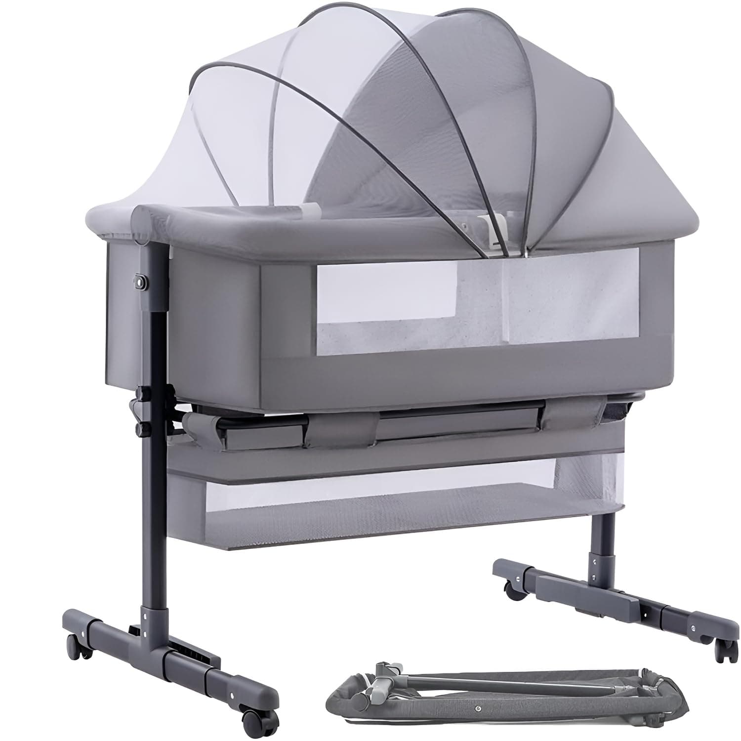 Side Folding Baby Bed Adjustable Height with Openable Side Bassinet, 360° Mosquito Net, Sturdy Metal Construction, Rolling Wheels with Brakes, Bottom Storage Basket