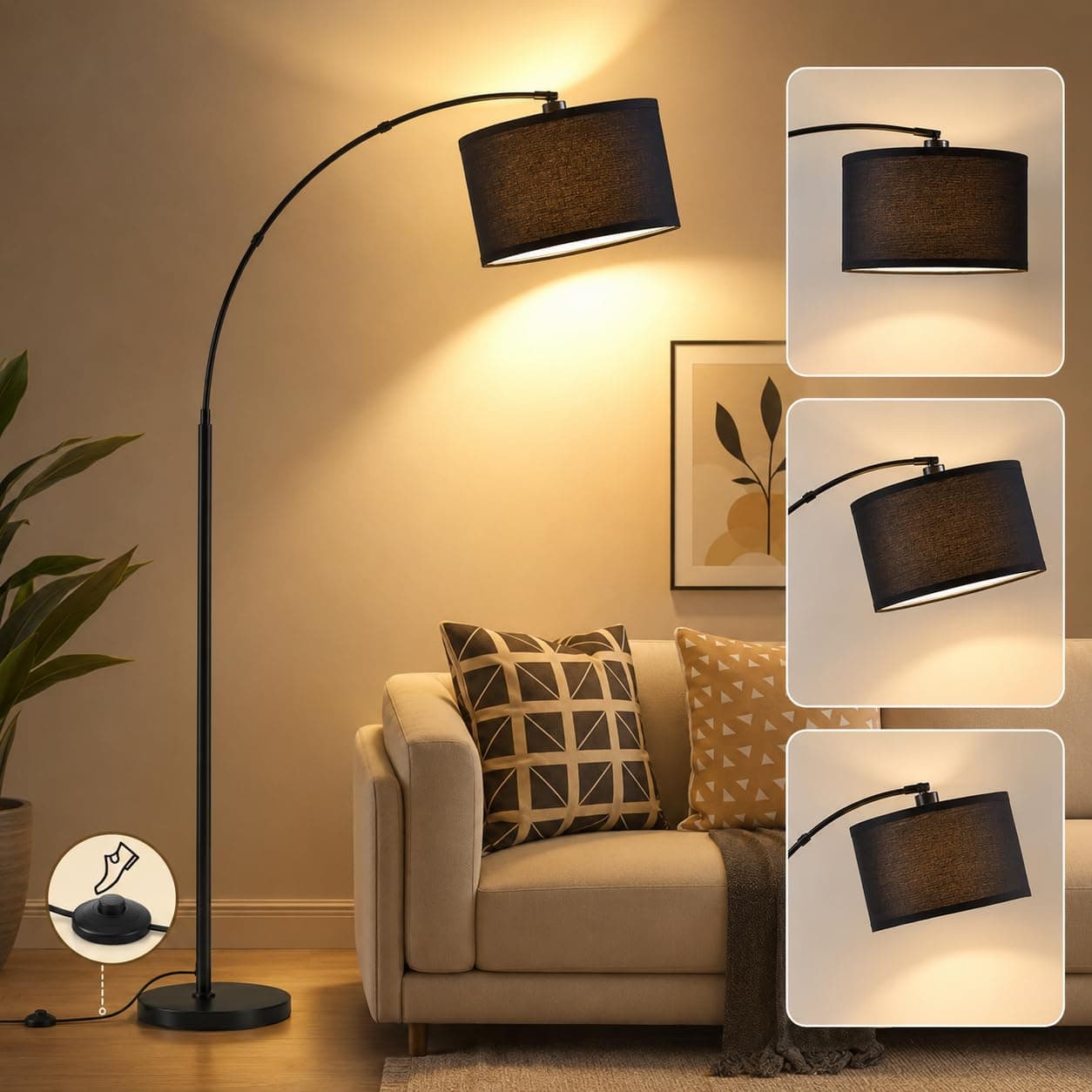 SKY-TOUCH Arc Floor Lamp : Dimmable Black Standing Lamp with Adjustable Height Modern Marble Base Standing Hanging Light with Adjustable Hanging Shade for Reading Living Room Bedroom Office (Black)