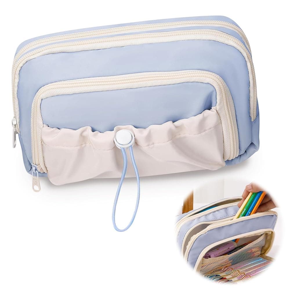 Large Capacity Pencil Case, Azonee 4 Compartment Pen Bag, Cute Stationary Organizer for School and Office, Ideal for Teen Girls and Boys, Blue