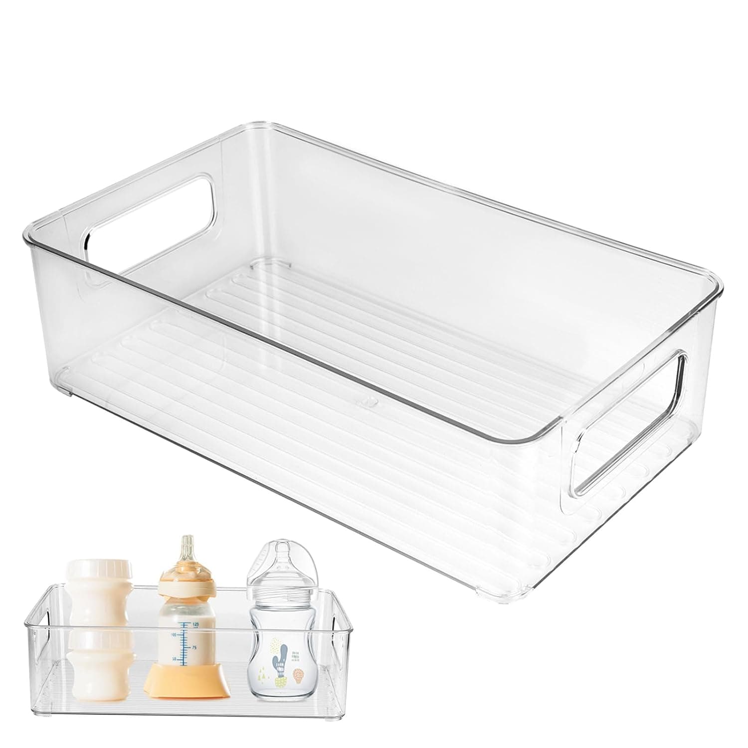CTTZCKJ Plastic Baby Bottle Nursery and Food Organizer Storage Holder Bin with Handles for Closet, Cupboard, Cabinet, Drawers, Shelves Holds Canned Food, Bottles, Formula Ligne Collection, Clear