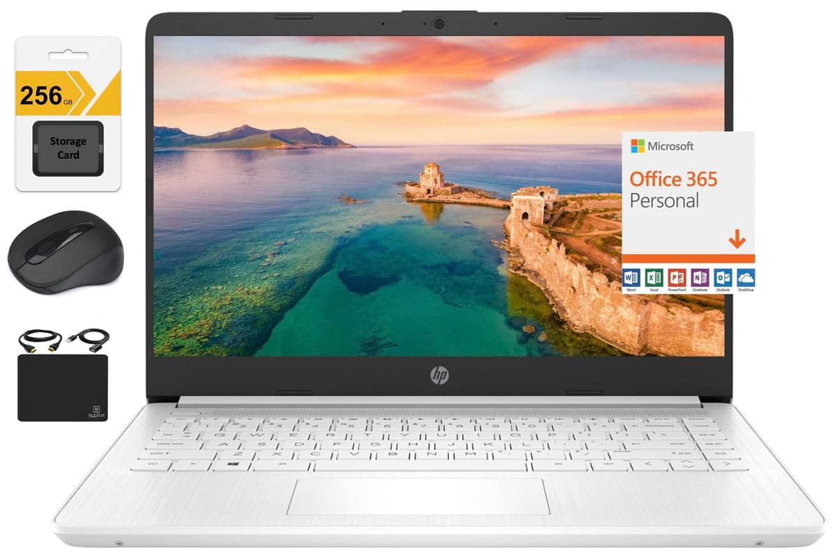 HP New 14" HD Ultral Light Thin Laptop, Quad-Core Intel Celeron Processor, 16GB RAM, 320GB (64GB eMMC+ 256GB SD), Wi-Fi, Upto 11 Hours, Windows 11 S + 1 Year Office 365+HubxcelAccessory, White