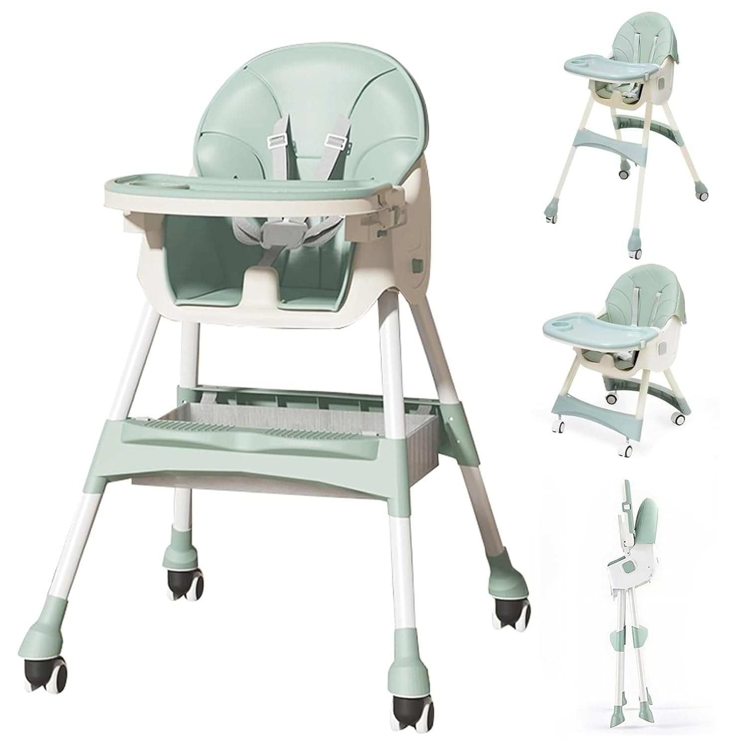 5 in 1 Convertible Baby High Chair, Foldable Toddler Dining Chair with Removable Tray, 5-Point Safety Harness, PU Cushion & Anti-Slip Base, Portable Height Adjustable High Chair for Kids 18+ Months(A)
