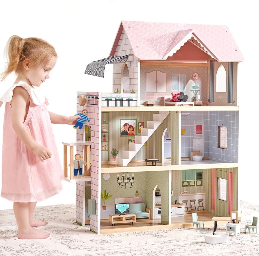 Large Pink Wooden Dollhouse with Furniture for Girls with Doorbell, Light,Elevator, 6 Rooms 2.6ft High,15 Pcs Furniture & 3 Dolls, Kids Playhouse Toy for Girls 3-7+, 31.5" x 25" x 12.2"