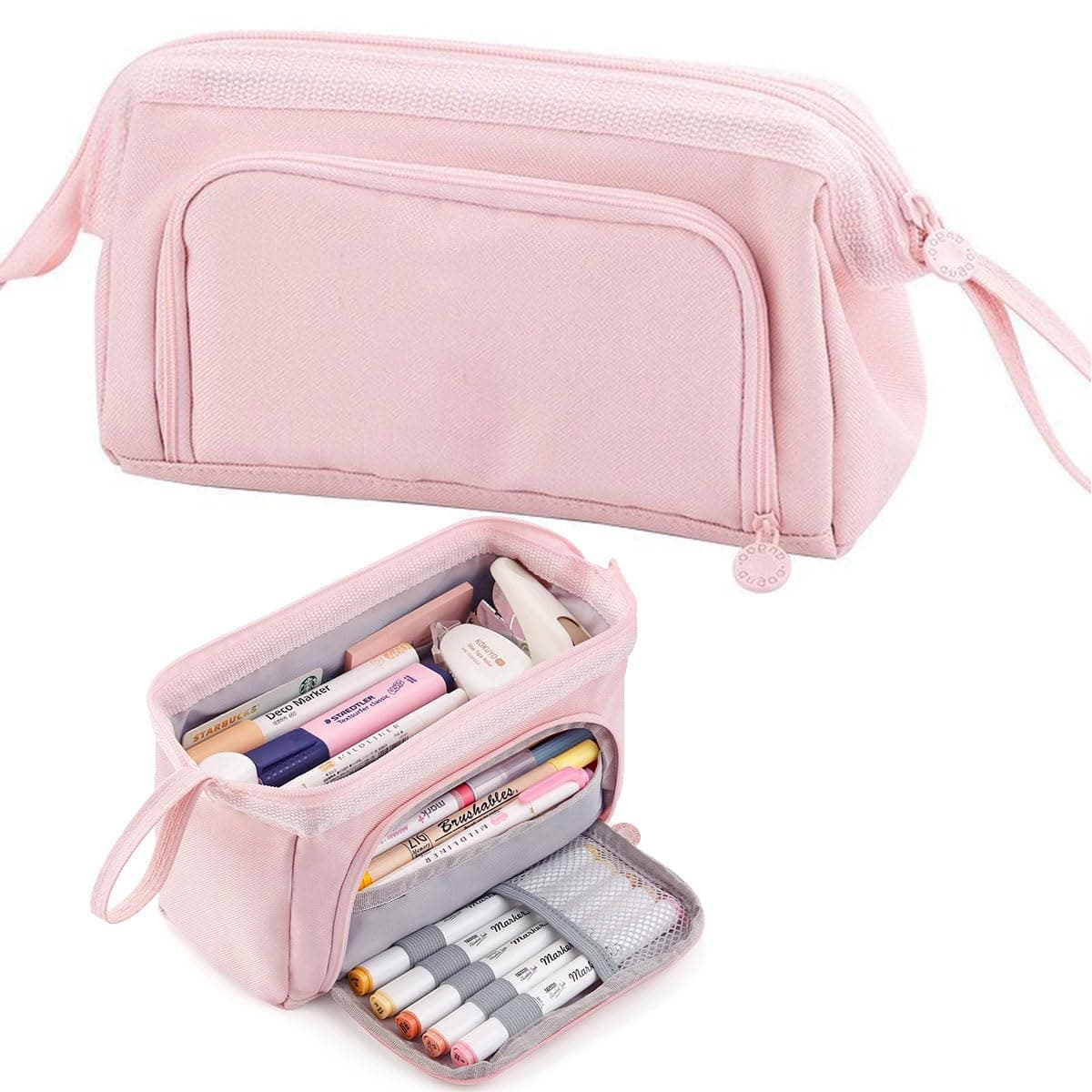 ECVV® Large Capacity Pen Pencil Case, Storage Pouch, Stationery Pen Bag, Office Supplier Holder Box Organizer, Marker Zip Case With Carry Handle for School Students Teens Girls Adults-Pink