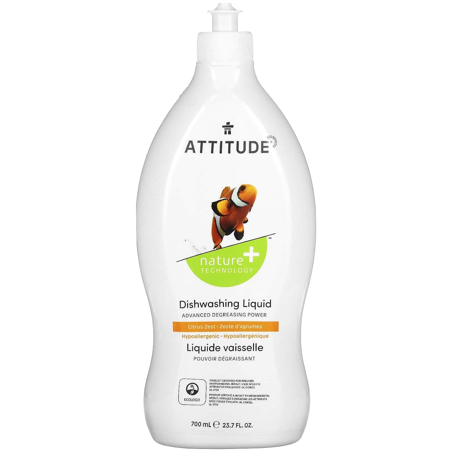 ATTITUDE Dishwashing Liquid, EWG Verified, Tough on Grease, Hypoallergenic Plant- and Mineral-Based Formula, Vegan and Cruelty-Free, Citrus Zest, 700 ml