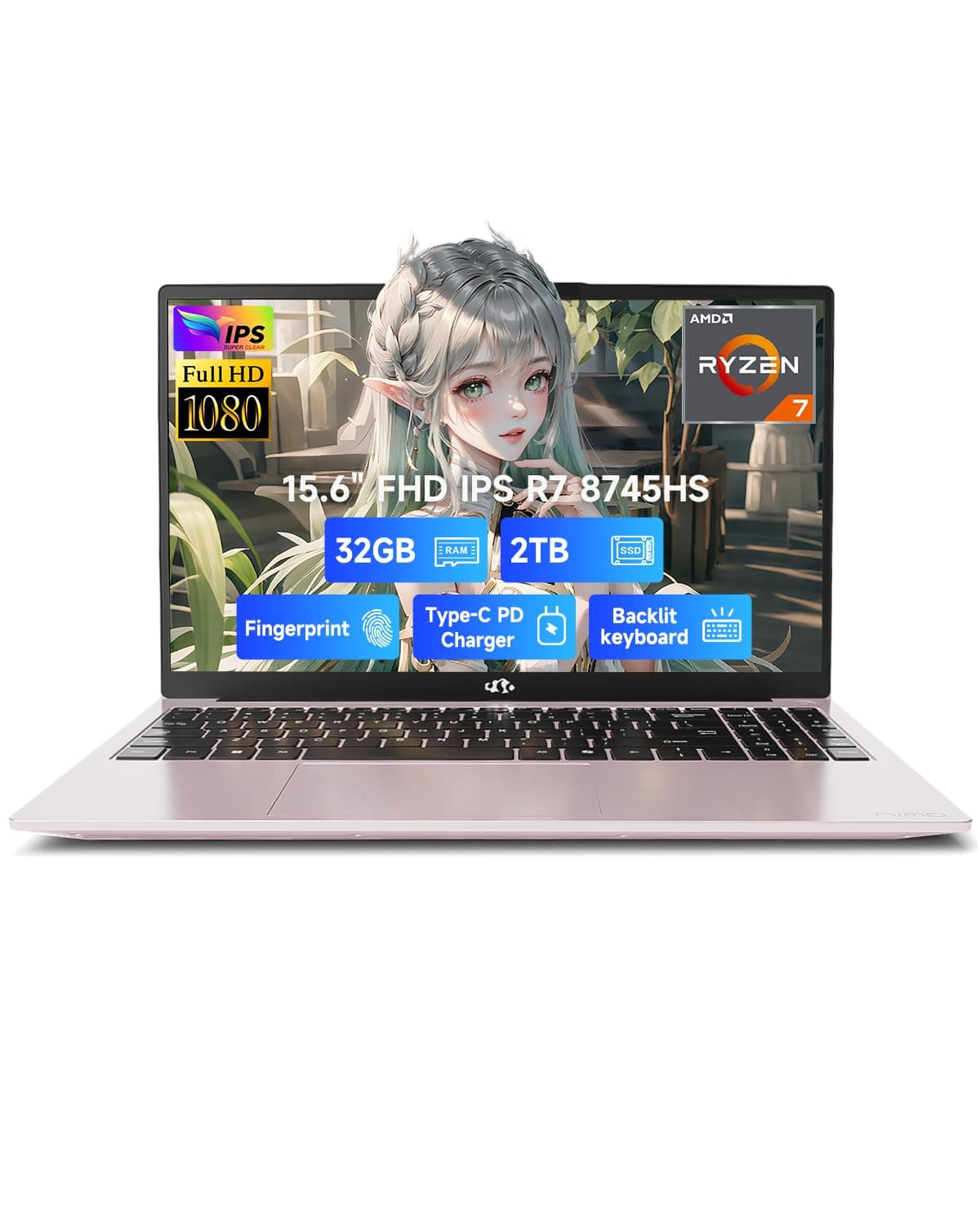 NIMO 15.6" IPS FHD-Gaming-Laptop, AMD Ryzen 7 8745HS 32GB DDR5 RAM 2TB SSD (8C/16T, up to 4.9GHz) Radeon 780M Graphics Business Computer with 100W Type-C Backlit Keyboard, Fingerprint USB-C 4.0
