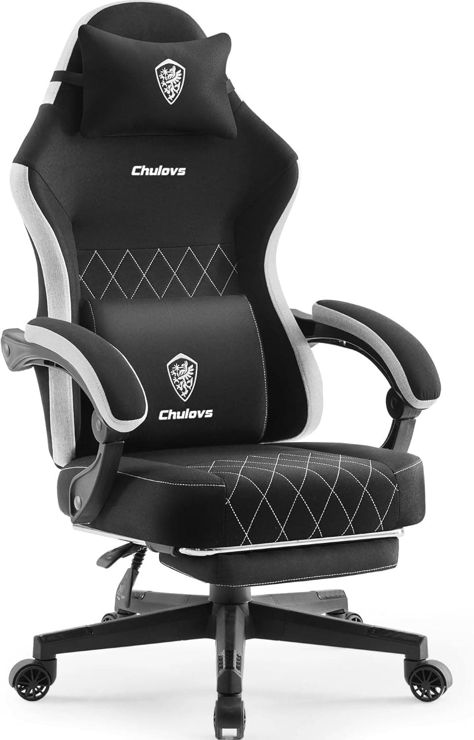 Chulovs Gaming chair Fabric with Spring Cushion, High Back Ergonomic Computer Chair with Footrest for Adults, Lumbar Support Swivel Game Chair for Office Gaming (Black)