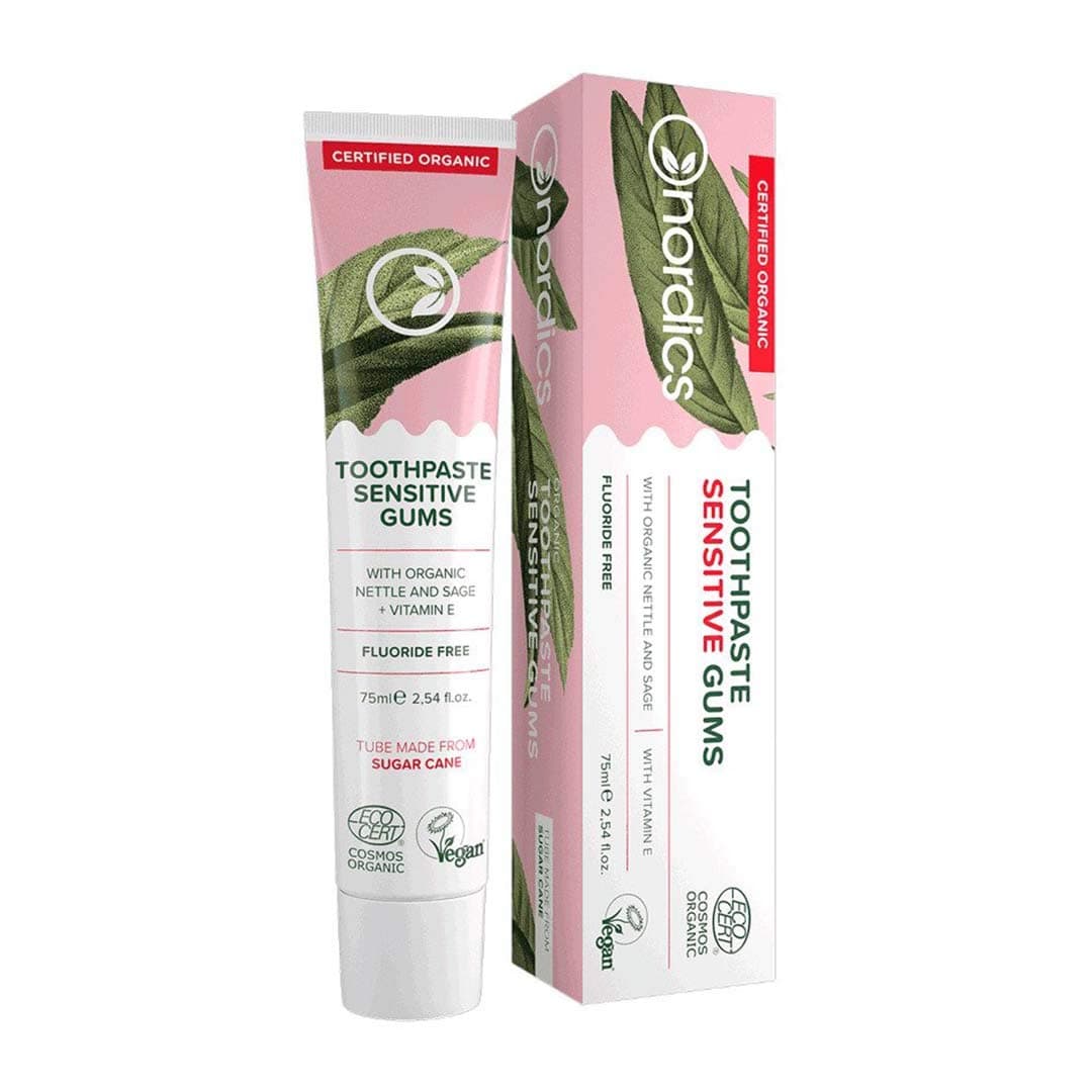 Organic Toothpaste Sensitive with Organic Sage, Organic Nettle & Vitamin E - Fluoride Free & Vegan - Nordics Organic Care - 75 ml, Red