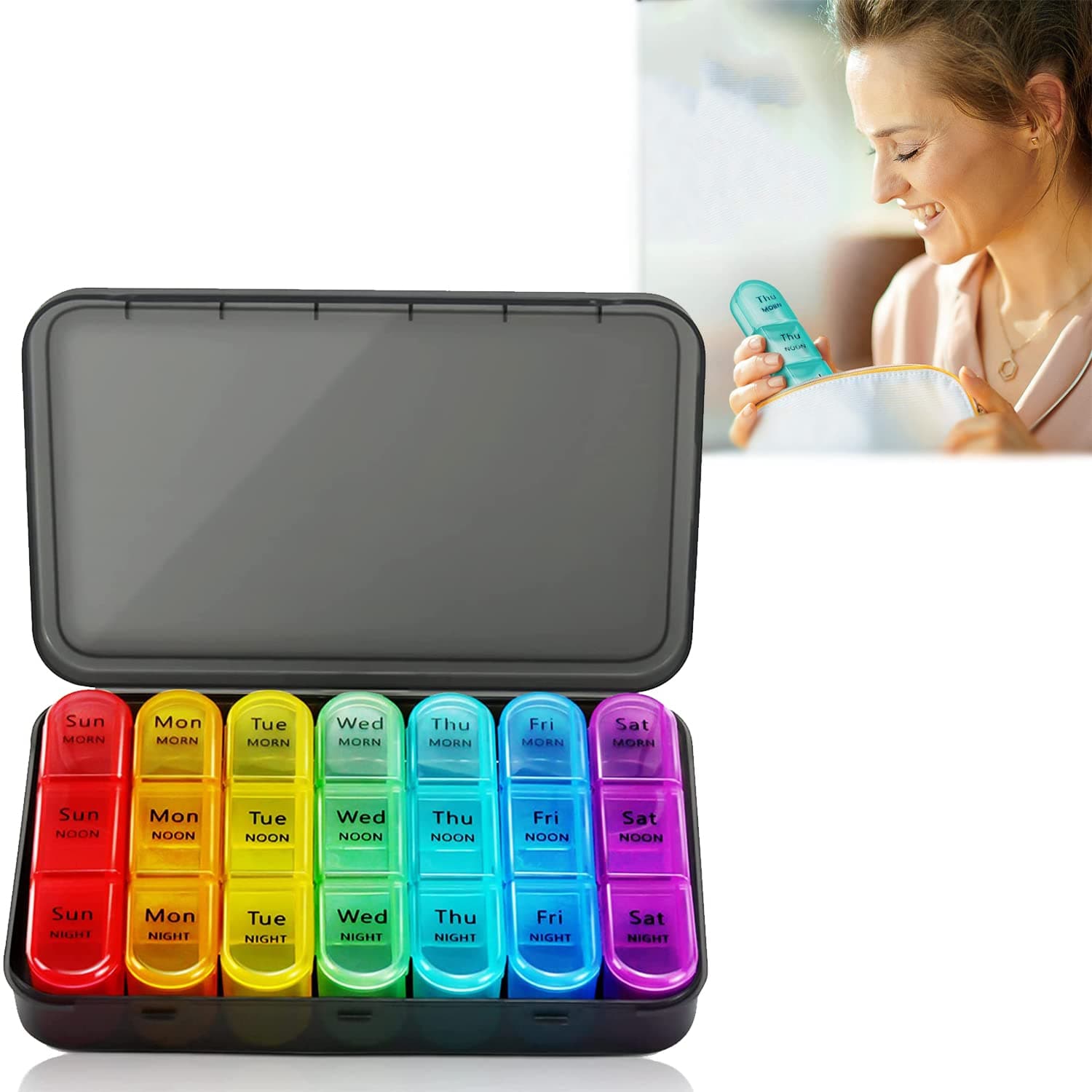 Weekly Pill Organizer 3 Times A Day, 7 Day Pill Box Large Compartments Moisture-Proof Pill Case, Daily Portable Travel Morning Noon Evening Pill Container, for Fish Oils, Vitamins, Supplements