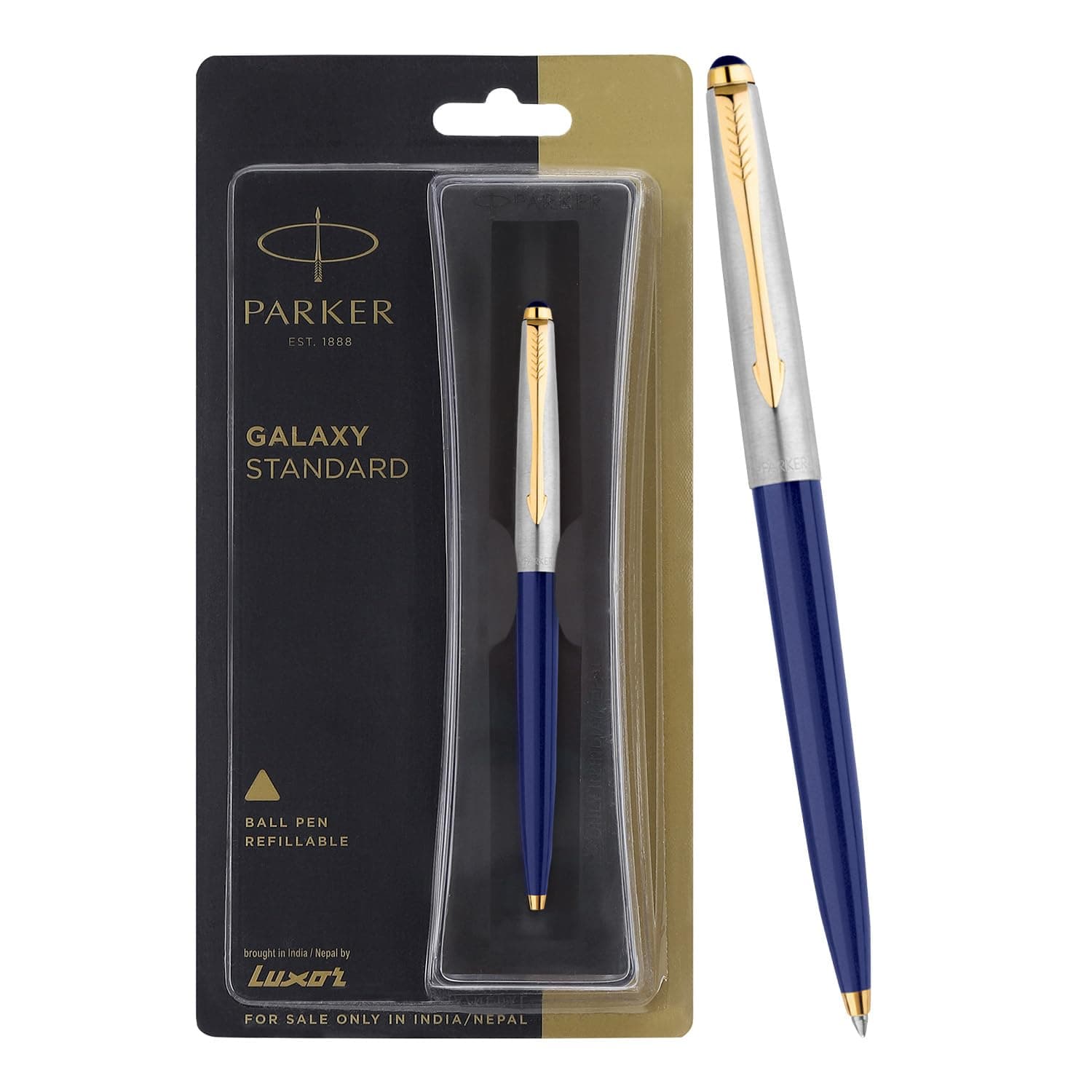 Parker Galaxy Stainless Steel Gold Trim Ball Pen - Blue Body