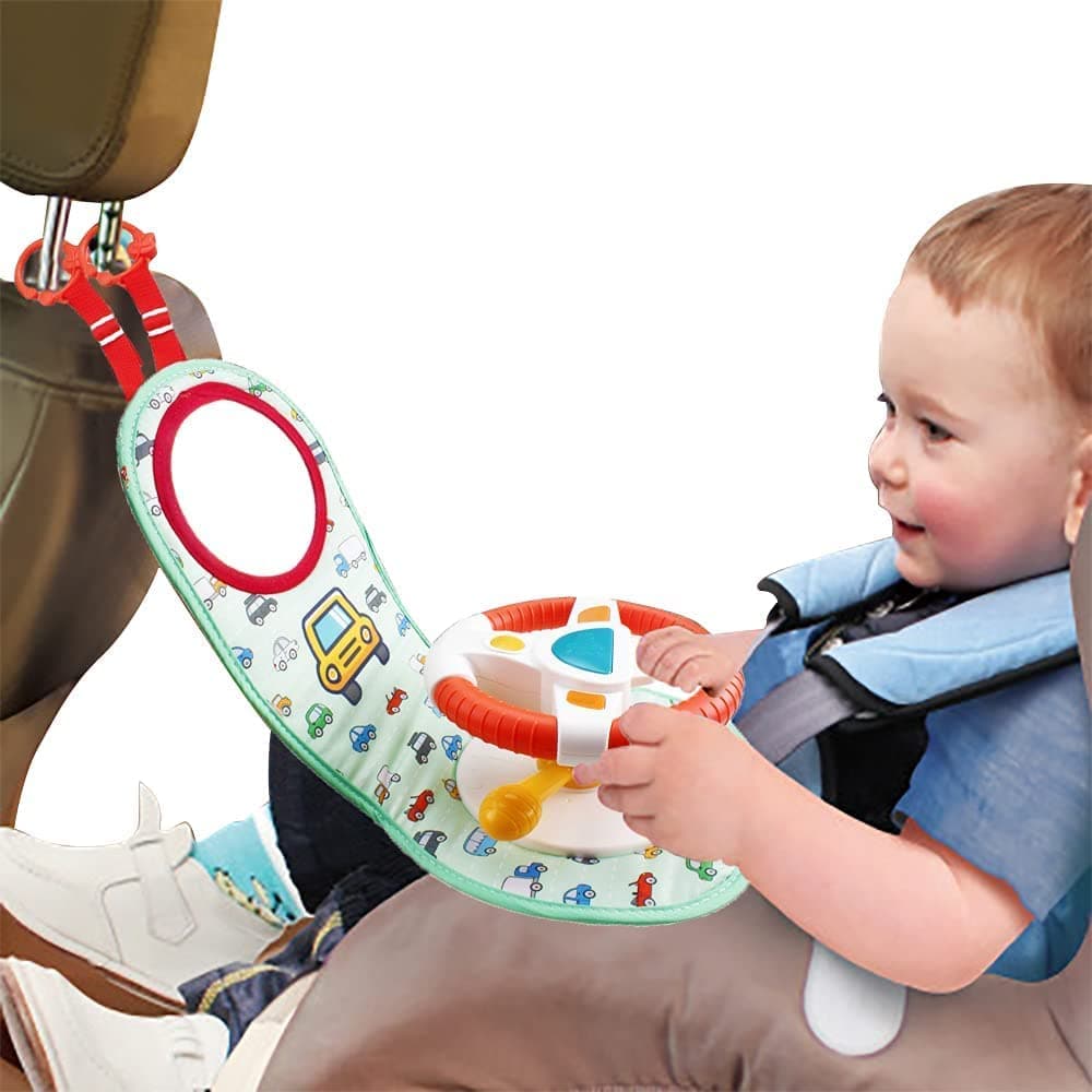 Baby Car Seat Toys for Infants,DMG Infants Steering Wheel Toys with Music, Lights, Mirror and Driving Sounds, Musical Car Wheel Toy for Infant Babies 12+ Months
