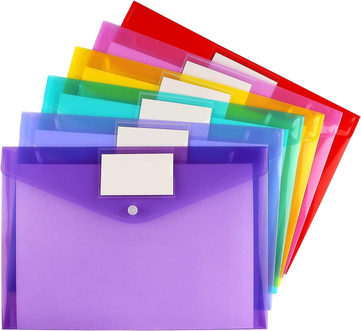 6 Pack Clear Document Folders Plastic Poly Envelopes File Envelopes with Label Pocket and Snap Button for Home Work Office Organization, Letter Size/A4 Size, 6 Colors