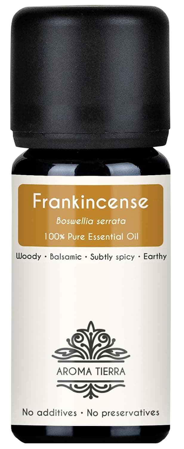 Aroma Tierra Frankincense Essential Oil Luban - Boswellia serrata - 100% Pure, Natural, Therapeutic, Food Grade - For Face, Skin, Hair - Anxiety, Sleep, Relaxation - Health, Immunity - Diffuser - 10ml