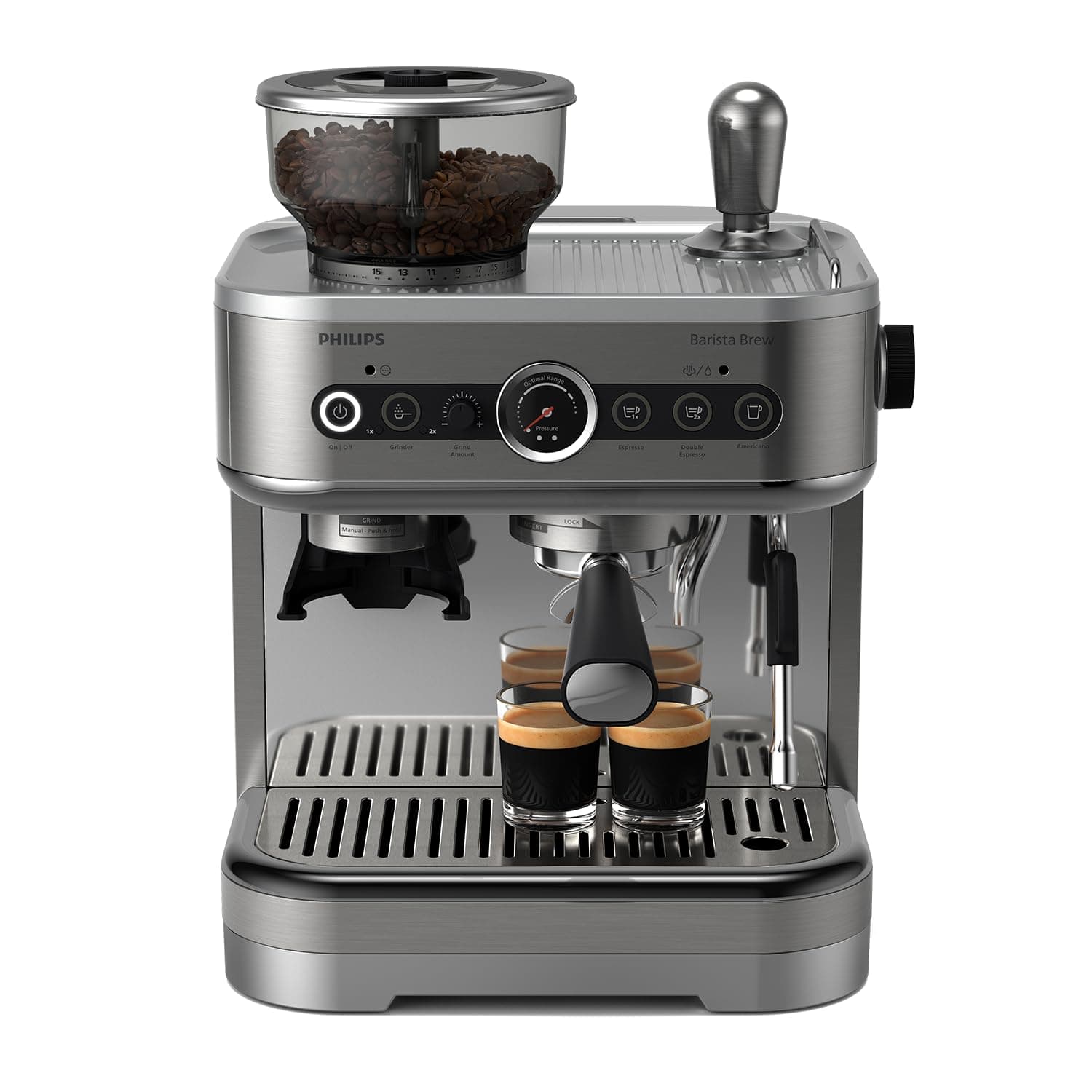 Philips Barista Brew Semi-automatic coffee machine - 280gr dual bean container,stainless steel portafilter, Americano button, 450ml milk jug, Metal conical burr grinder, Pressure gauge - PSA3228/01