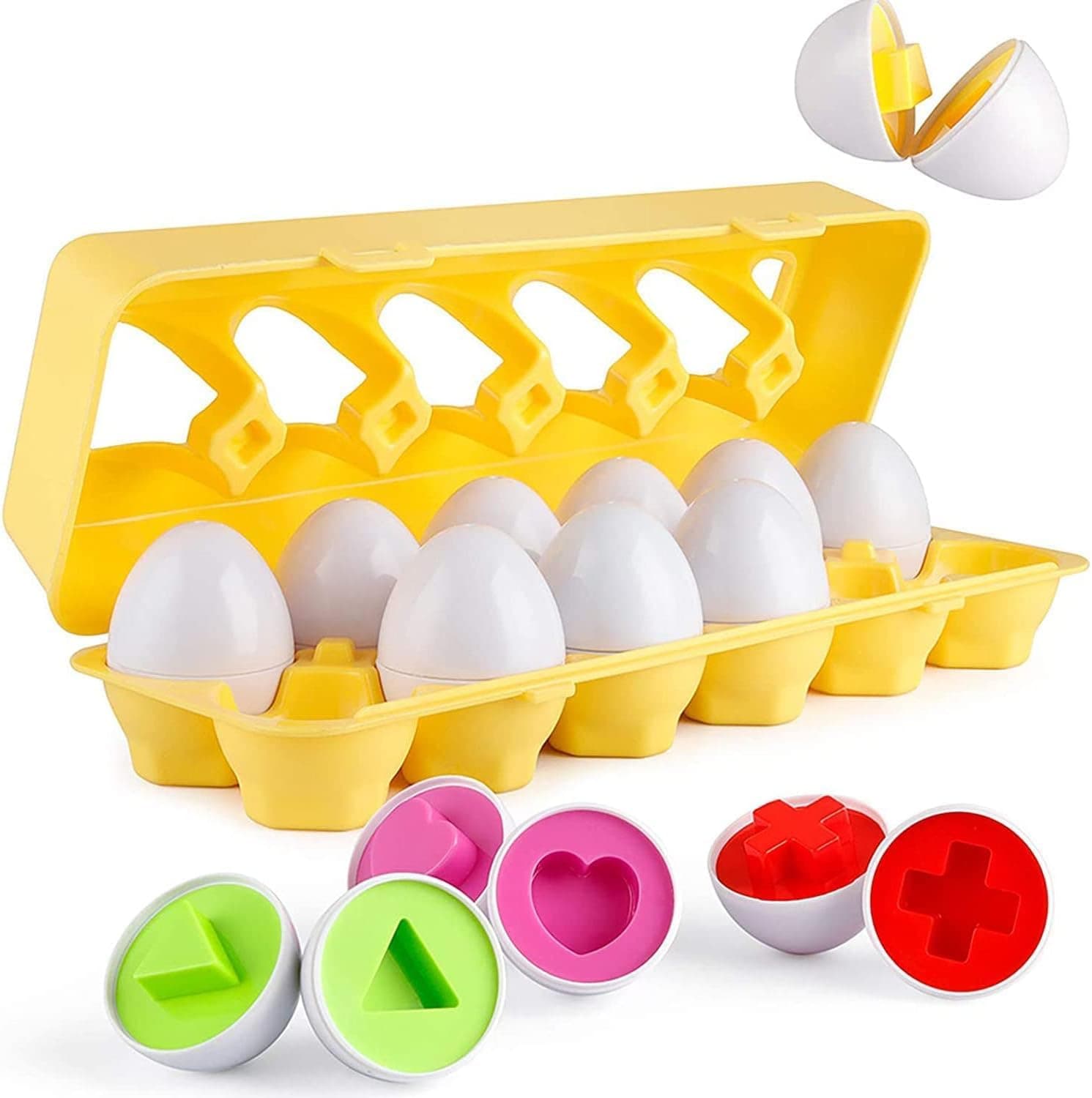 Joyzzz Matching Eggs Toys, 12 PCS Color Recognition and Shape Sorter, Montessori Fine Motor Skills Learning Puzzle, Educational Travel Activity Game for Toddlers 1-3 Years